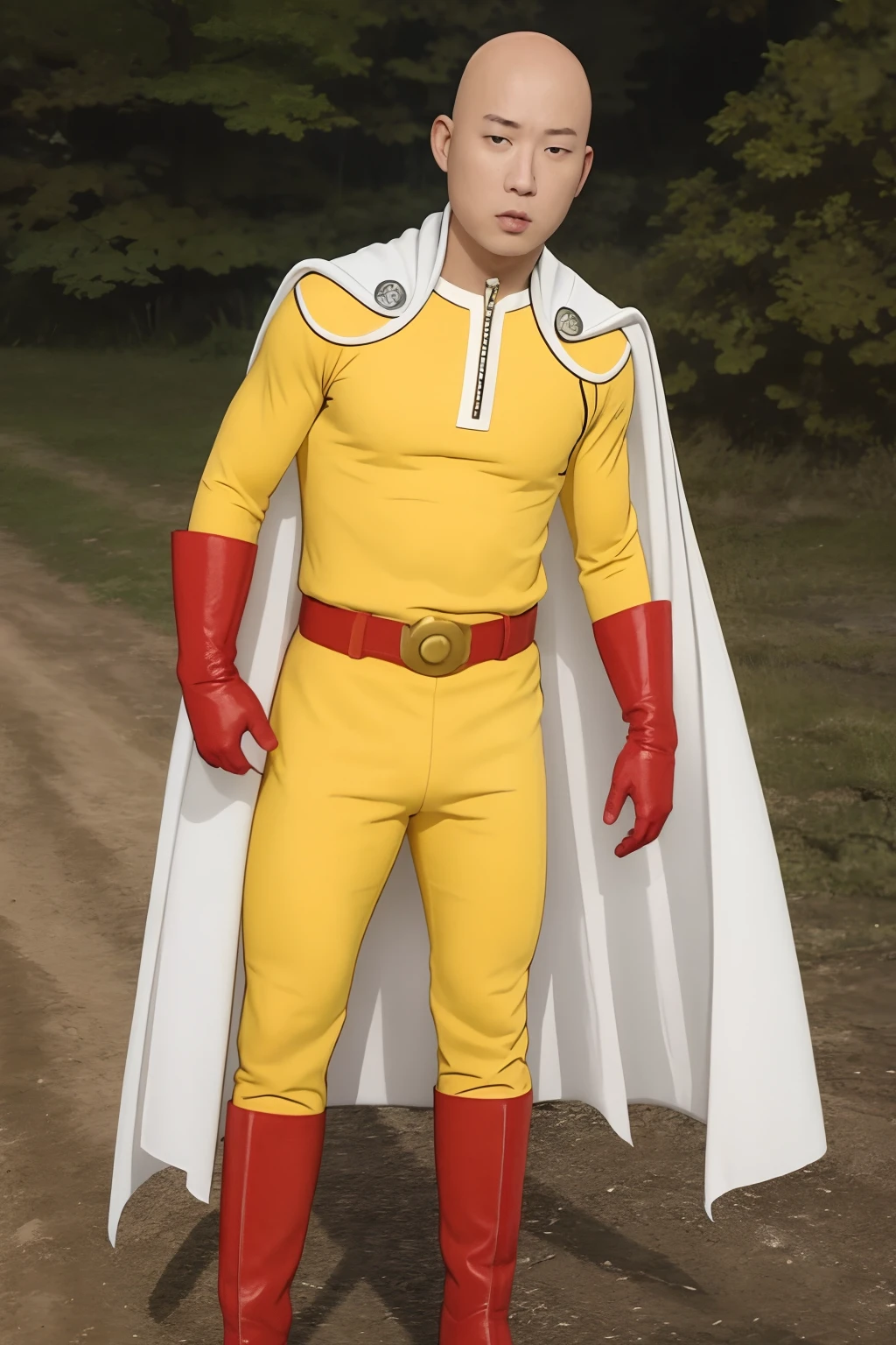 yellow bodysuit, (bald), belt, red gloves, red boots, white cloak, asian man face