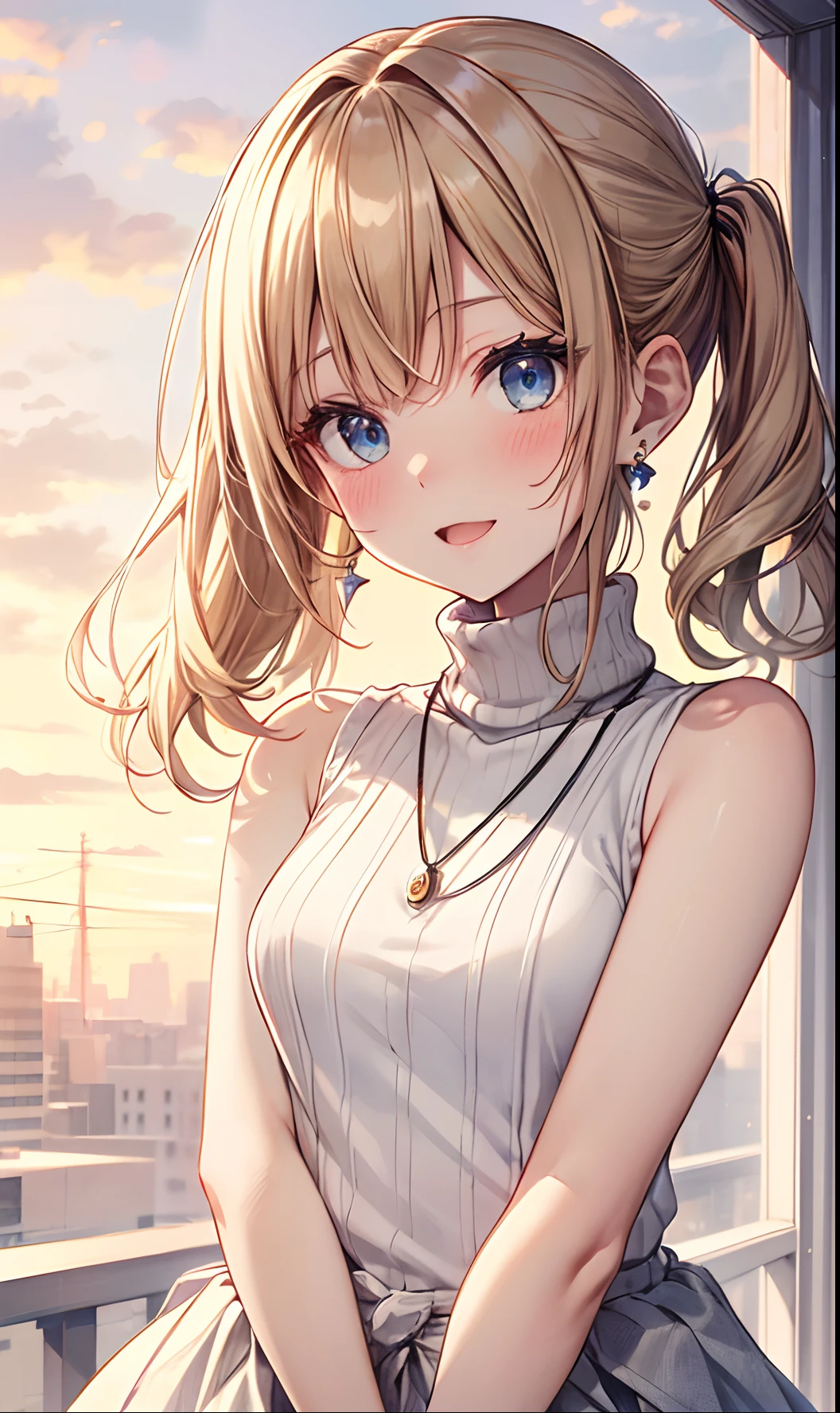 absurderes, ultra-detailliert,bright colour, extremely beautiful detailed anime face and eyes, view straight on, ;D, shiny_skin,25 years old, Short hair, , asymmetrical bangs, Blonde hair with short twin tails, Shiny hair, Delicate beautiful face,(Surprise and embarrassment:1.3) ,red blush、Blue eyes, White skin, hair clips, earrings, a necklace,(Brown Turtleneck Sleeveless:1.2), Beautiful cloud, Dusk sky,