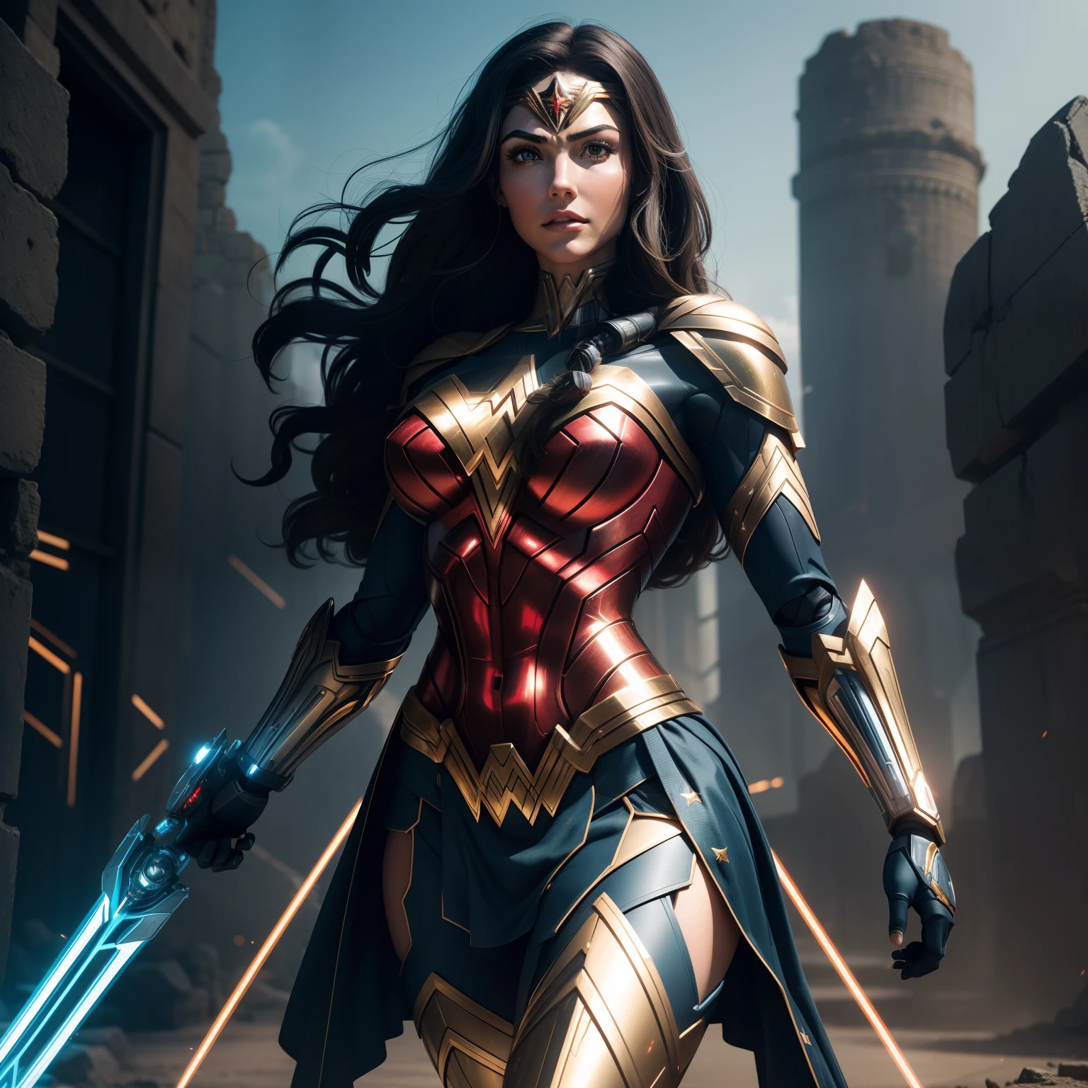 "An artistic depiction of Wonder Woman transformed into a powerful and technologically advanced robot. The art style combines Wonder Woman's strength and heroism with the cutting-edge design of a robot. The robot stands against a backdrop of ancient ruins and advanced technology, exuding an aura of both tradition and innovation. The transformation design seamlessly integrates Wonder Woman's red, blue, and gold armor, along with her iconic lasso and tiara, into the robotic form. This image draws inspiration from both DC Comics and sci-fi aesthetics, creating a harmonious blend of mythic power and futuristic technology. The camera angle captures the robotic character in a confident and heroic pose. The render style combines metallic textures, vibrant colors, and dynamic lighting to emphasize the fusion of strength and advanced machinery."