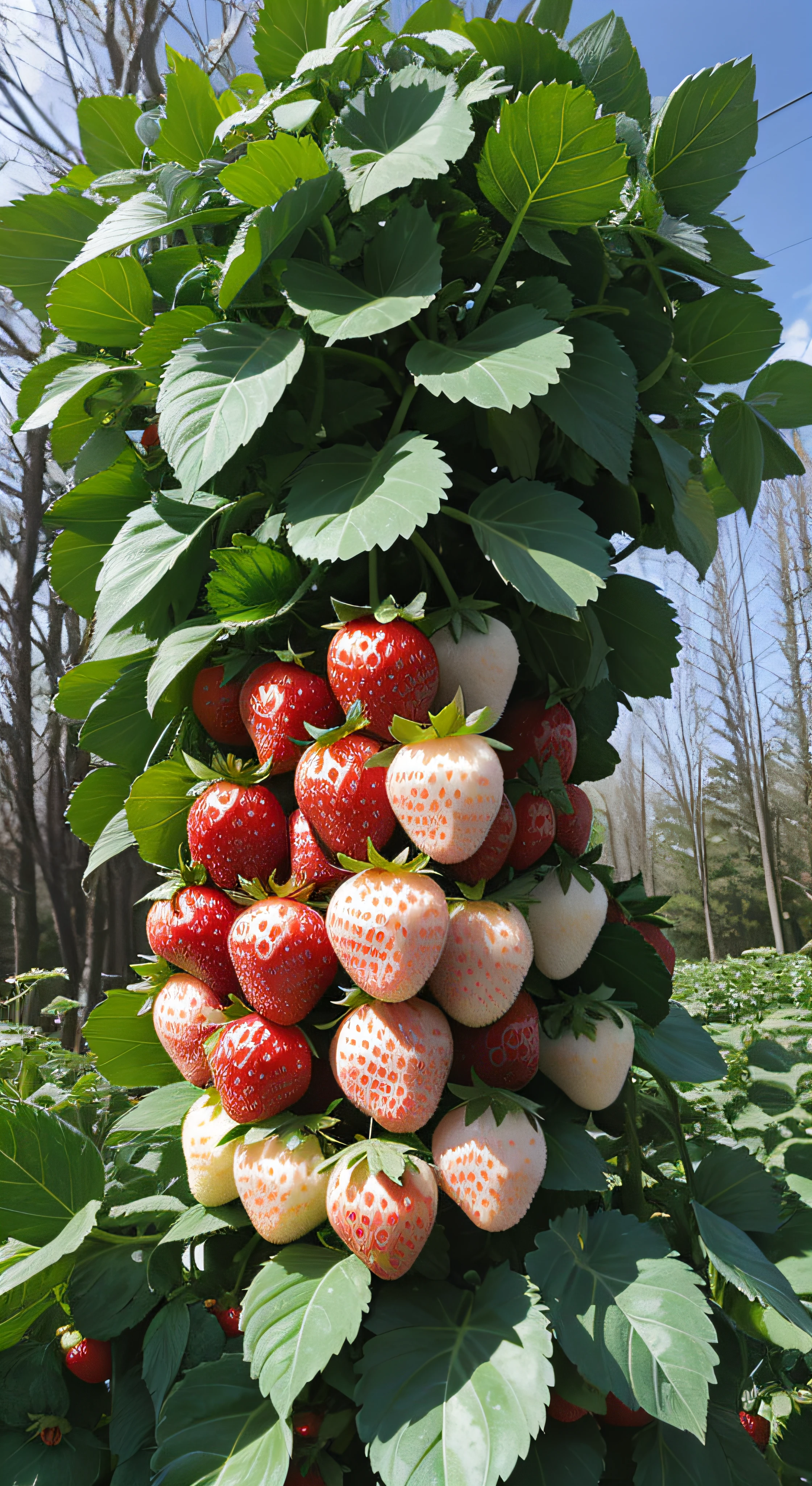 mirai,cyber punk perssonage,morango,A lot of,vine,Strawberries are scattered,Many leaves,nevando