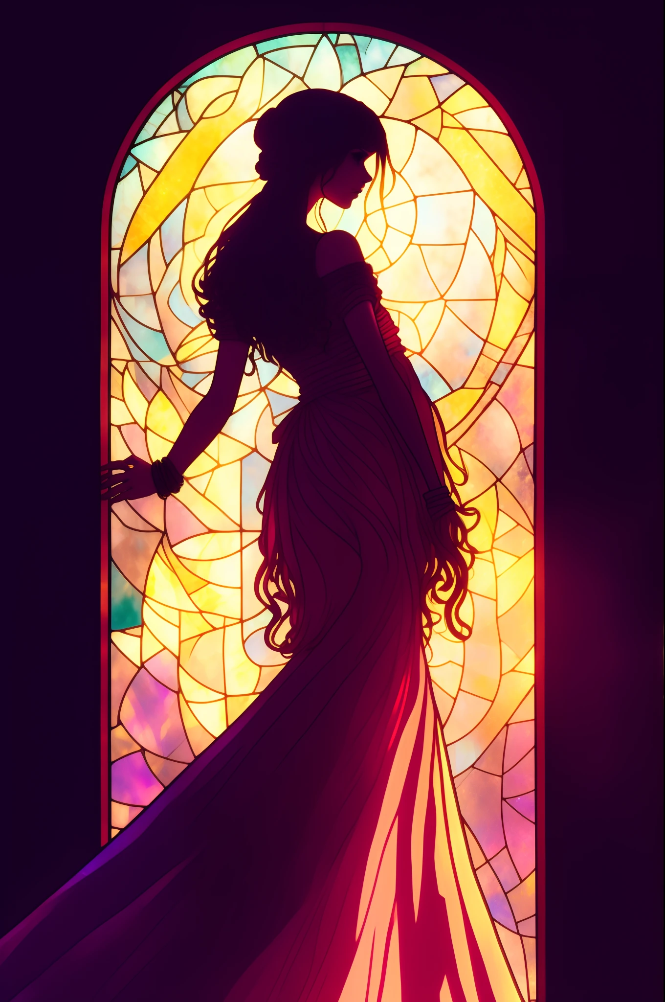 Close-up of a woman in a dress standing in front of a stained glass window, Glowing stained glass background, backlit stained glass, stained glass art, Stained glass, stained glass style, Stained glass tarot card style, stain glass, alphonse mucha and alena aenami, Mucha Tiffany Killian Ying, Stained glass!!, beeple and alphonse mucha