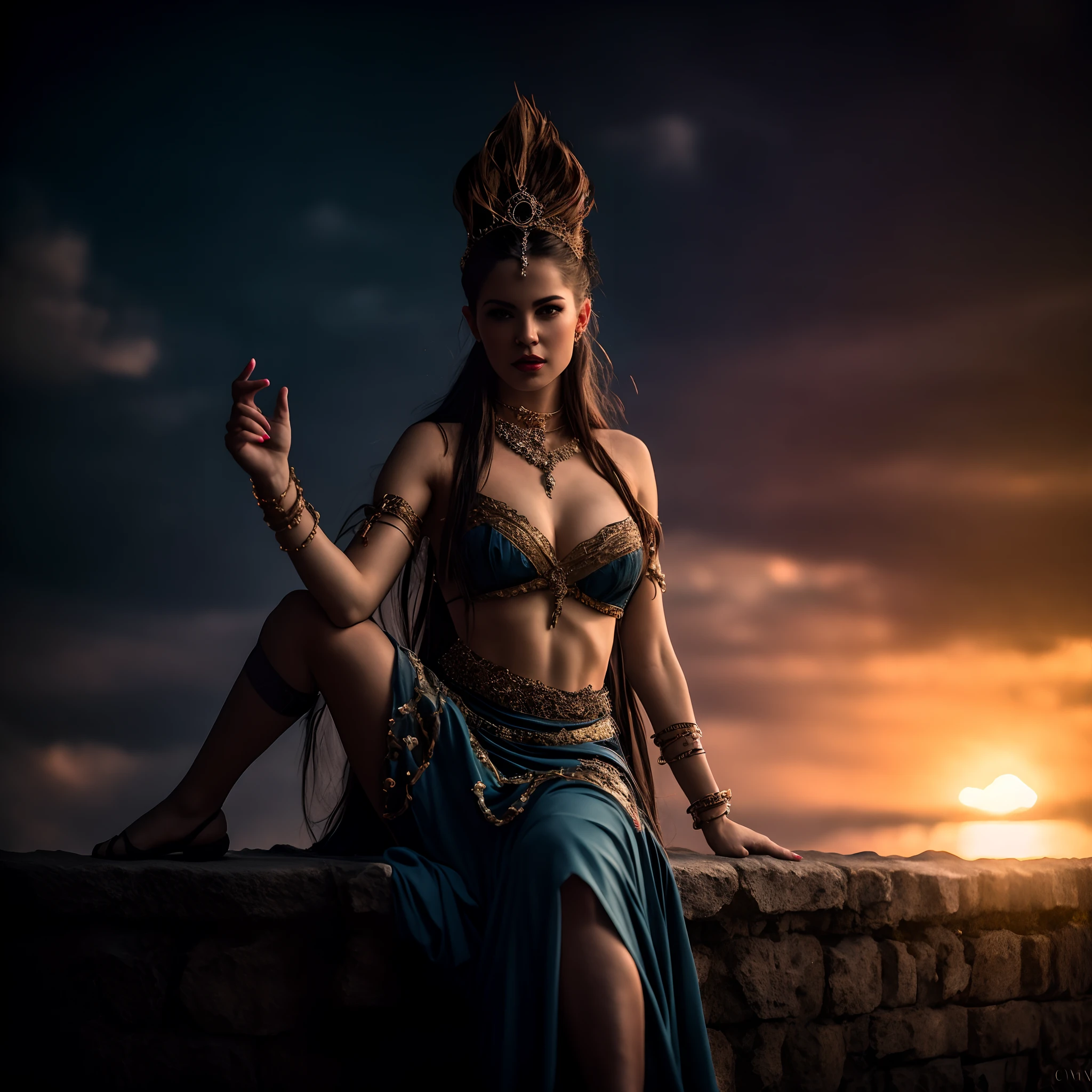 RAW photo of woman in a blue dress sitting on a wall with a sunset in the background, cinematic goddess shot, cinematic goddess body shot, a stunning portrait of a goddess, dramatic lighting fantasy, cinematic goddess close shot, a beautiful fantasy empress, fantasy character photo, beautiful goddess, fantasy photoshoot, portrait of a beautiful goddess, dramatic epic cinematic lighting