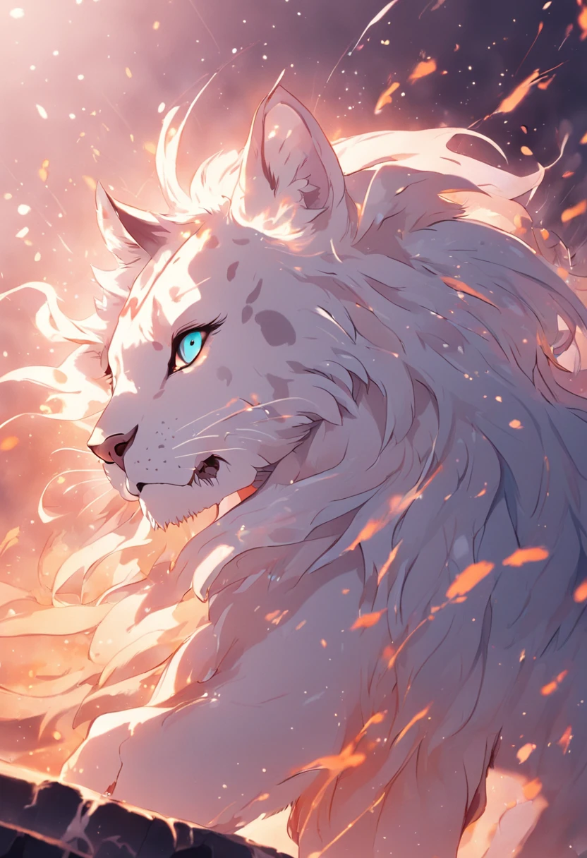 a lion, four legs, white, siamese coloring, bengal spots, glowing eyes, majestic, god, four legs, flowing mane, male