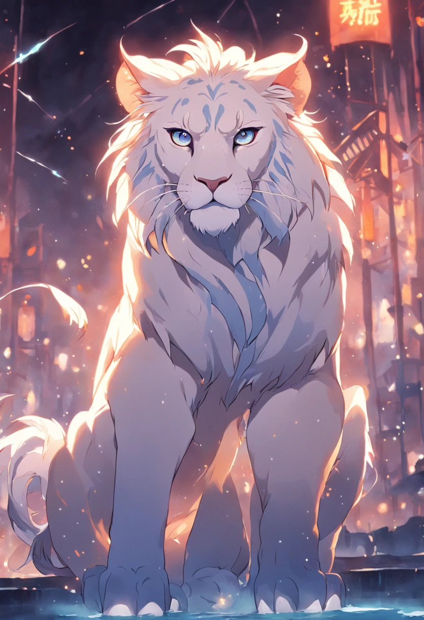 a lion, four legs, white, siamese coloring, bengal spots, glowing eyes, majestic, god, four legs, flowing mane, male
