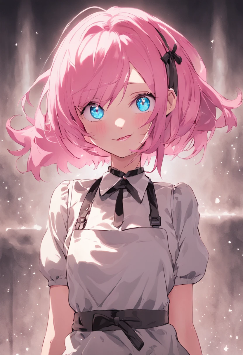 "Robot woman with pink hair and blue eyes, dressed as a housewife in an apron, standing at attention with a plastic skin and a glossy lipstick, wearing doll-like eyes and an empty smile."