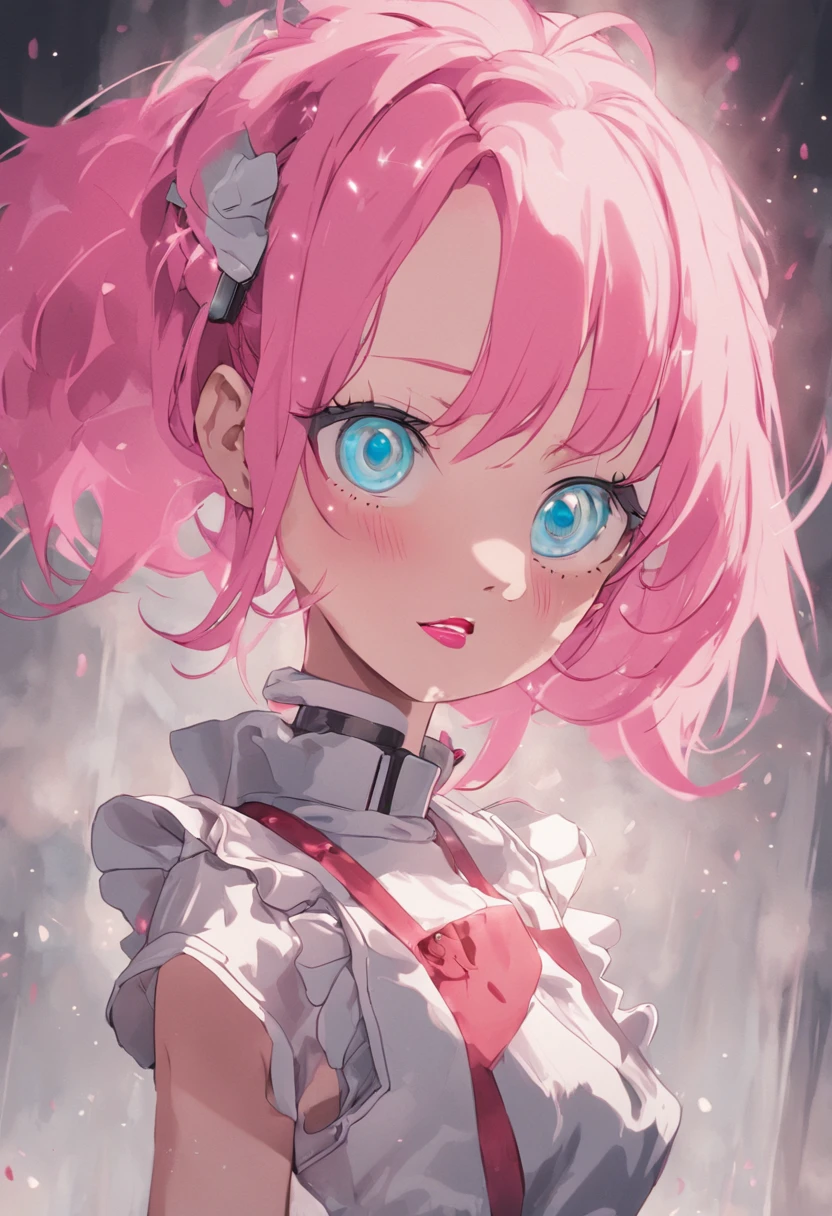 "Robot woman with pink hair and blue eyes, dressed as a housewife in an apron, standing at attention with a plastic skin and a glossy lipstick, wearing doll-like eyes and an empty smile."