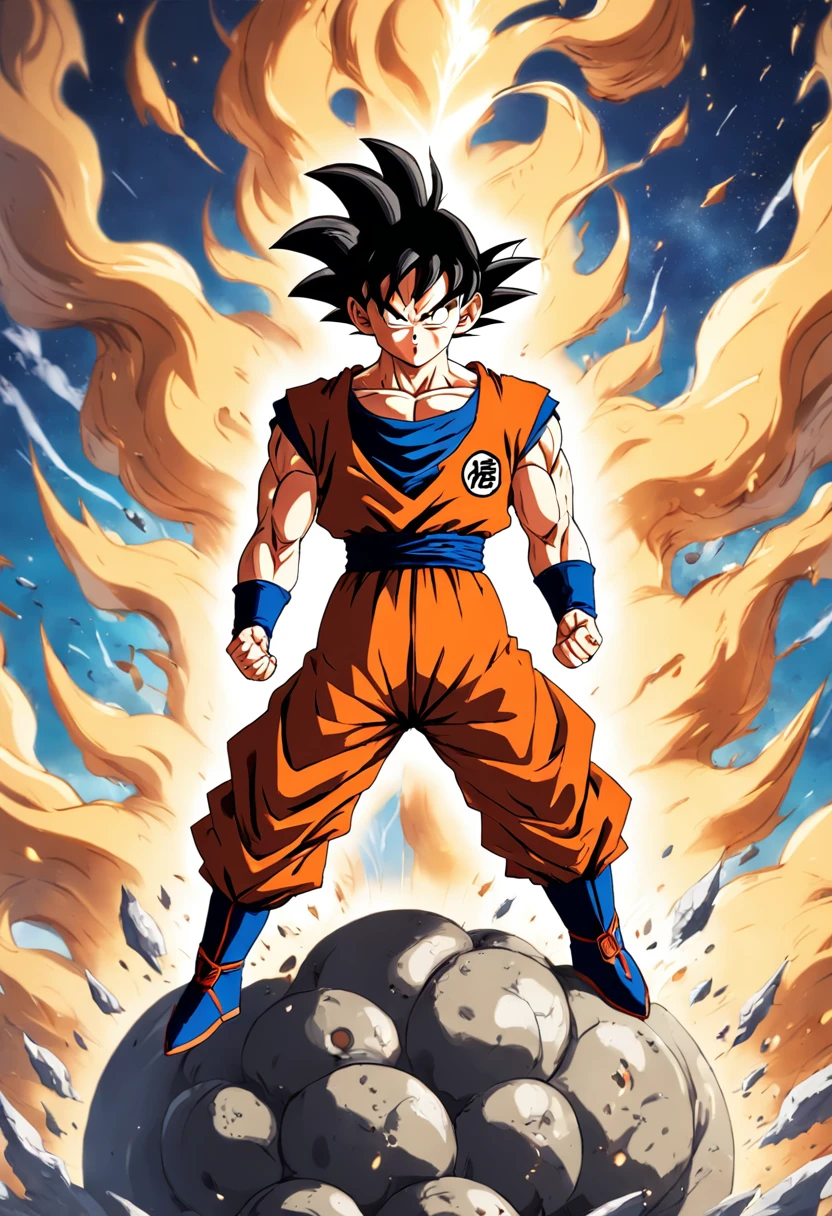 "Create a dynamic movie poster in the iconic style of Akira Toriyama's Dragon Ball Z, showcasing Goku's epic battle."