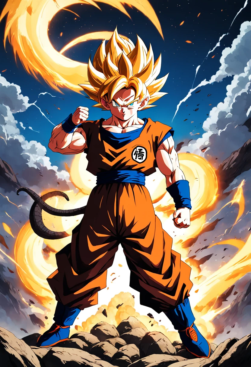 "Create a dynamic movie poster in the iconic style of Akira Toriyama's Dragon Ball Z, showcasing Goku's epic battle."