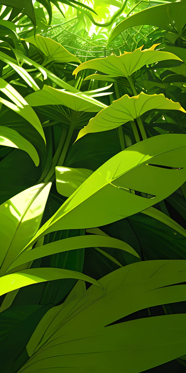 Heliconias from bottom view, luxuriant greens in tropical forest