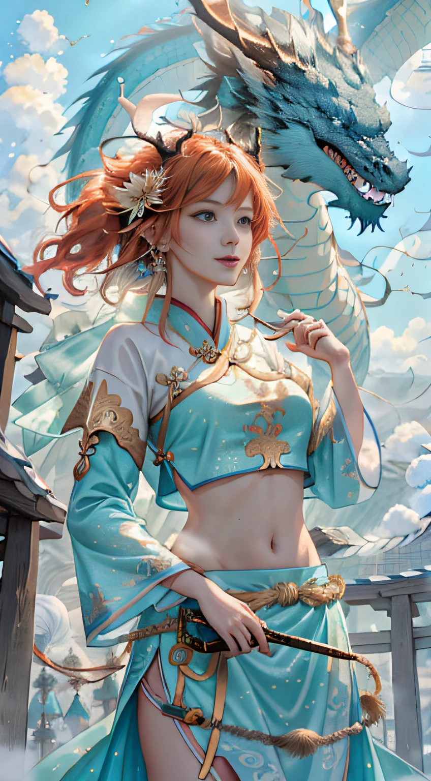 (Realistic, Photo Photorealism: 1.3), Extremely Refined and Beautiful, Amazing, Fine Detail, (Best Illustration), (Best Shadow), Intricate, (There is a Chinese Dragon with Azure on the Back (Dragon: 1.4), Best Quality, Masterpiece, Ultra High Resolution, (Length: 1.2), Oriental Dragon, East Asian Architecture, Sky, Building, Outdoor, Clouds, Sky, Mountain, Open Mouth, Blue Sky, Teeth, Scales, Sharp Teeth, Horns, Glow, Fangs, Tree, Glowing Golden Eyes, Landscape, Fantasy, Mythology, High Quality, Highly Detailed, Epic, Particle Effects, Dynamic Effects, Surround), Clouds, Sunset, Clear Focus,  volumetric fog, 8k ultra hd, dslr camera, high quality, (film grain: 1.4), fujifilm XT3,official art, unified 8k wallpaper, super detailed, beautiful beauty, best quality, (tangled, entangled), (fractal art: 1.4), a girl with antlers on her head and orange hair, fists in both hands, Chinese, gorgeous azure hanfu, navel, very detailed, dynamic angle, denim shot, (most beautiful chaotic shape), flow, (bright colors), oc, (half: 1.2), China, (Tape: 1.3), (Dream: 1.5), (Hanfu: 1.5), (Smile: 0.5), (Chinese God 1.3), Complex, Hyperdetailed, (Skin Dents), Female, Detailed Body, (Detailed Face: 1.1), (Contour Iris), (Watercolor Lenses), (Perfect Eyes), Gorgeous, (Masterpiece: 1.2), (Best Quality: 1.2), Detailed Background, Cinematic Light, Best Shadows, Cute Detail Face, Dramatic Light, Intricate Details, Beautiful long hair, flowing long hair, ethereal light, wide angle, solo, full body, colorful, flame, charming, enchanting,, thin waist, gorgeous goddess, Buddha-figure, pale gold eyes, delicate pattern, precious stone, gold, diamond, volumetric light, holiness, backlight, opposite