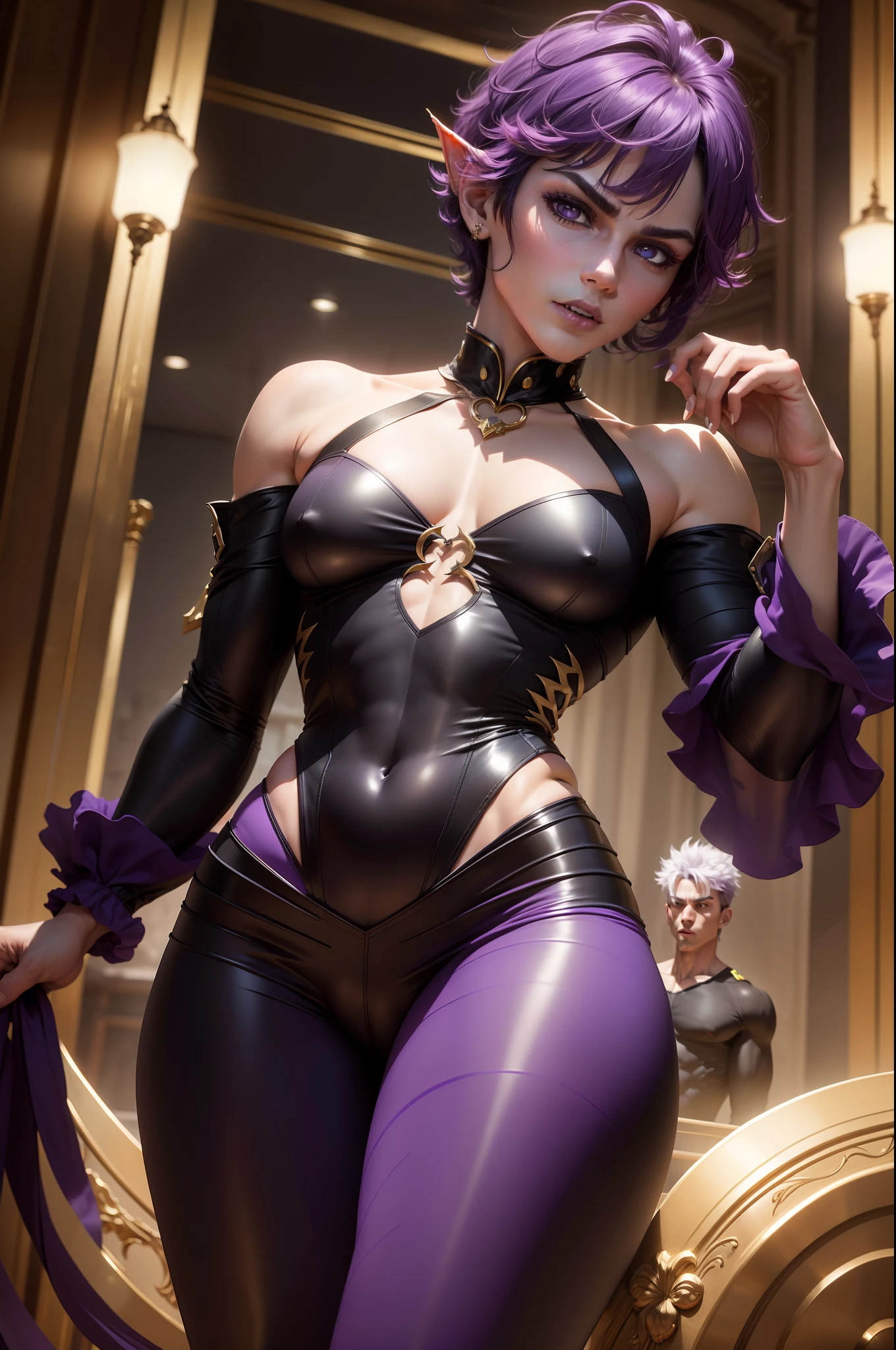 (8K,Photorealsitic Raw photography top-quality;1.4) (1 boy) Super handsome(Lifelike face) (Short-haired purple hair) slender body Muscular and macho Golden big eyes Metallic black and purple aristocratic costume Golden decoration Fangs peeking out of the mouth sharply pointed claws A seductive gaze Beautiful expression A hyper-realistic (King of the Underworld) enticing (real looking skin) 超A high resolution high detal Luxurious black and purple trousers Pointed ears