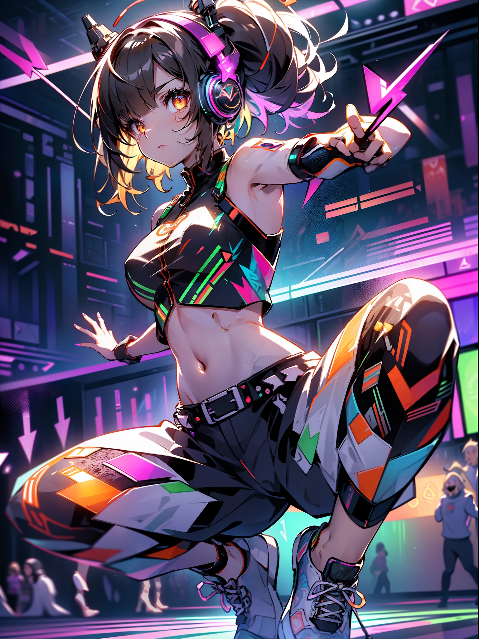 (8K, Best Quality: 1.4, masutepiece: 1.4, Ultra HD, Top resolution, Very detailed), Professional Lighting, Gray Light Lighting, (Single Girl: 1.4), dance, Artistic jumps, break dance, intense action, Dynamism, ((Multicolored lights illuminate her)), (A series of colorful arrows and symbols projected on the screen:1.6),  (Many speakers stacked on the wall: 2),Cyberpunk, colourful clothes、quirky、Lively exterior、Playful accessories、Creative behavior、Imaginative,voluntary、DJ Headphones, (Fluorescent Dance Floor:1.5), Solo, Fluttering hair, Beautiful woman, a small face, Abs, (asymmetrical bangs, brunette, Upper hair in one eye, Long messy hair), (line up) Cargo pants, Sports Bra, White sneakers), (Thin fingers and thin fingers, Detailed body, detailed arms, Human Hands), (Detailed face), Bottom from low angle, Hot Venue