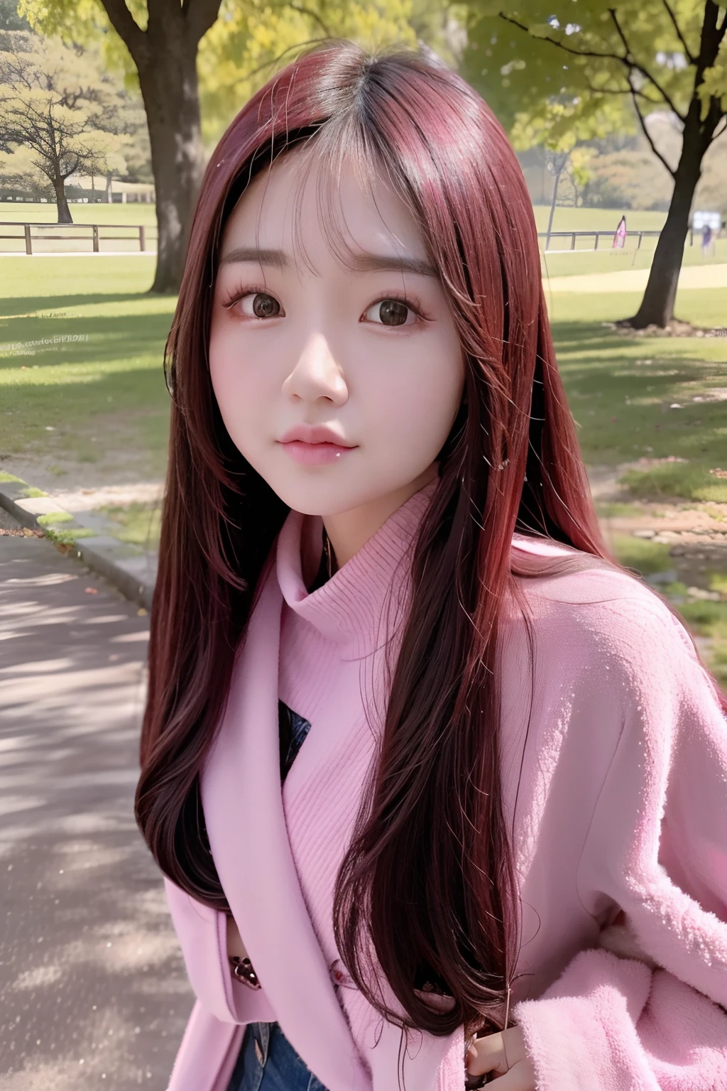 Close up portrait of long-haired woman in pink coat, Korean Girl, ulzzangs, jaeyeon nam, Young adorable Korean face, beautiful Korean women, lee ji - eun, lee ji-eun, Beautiful young Korean woman, portrait of jossi of blackpink, Choi Hong Hwa, wan adorable korean face, With long hair, Jinyoung Shin