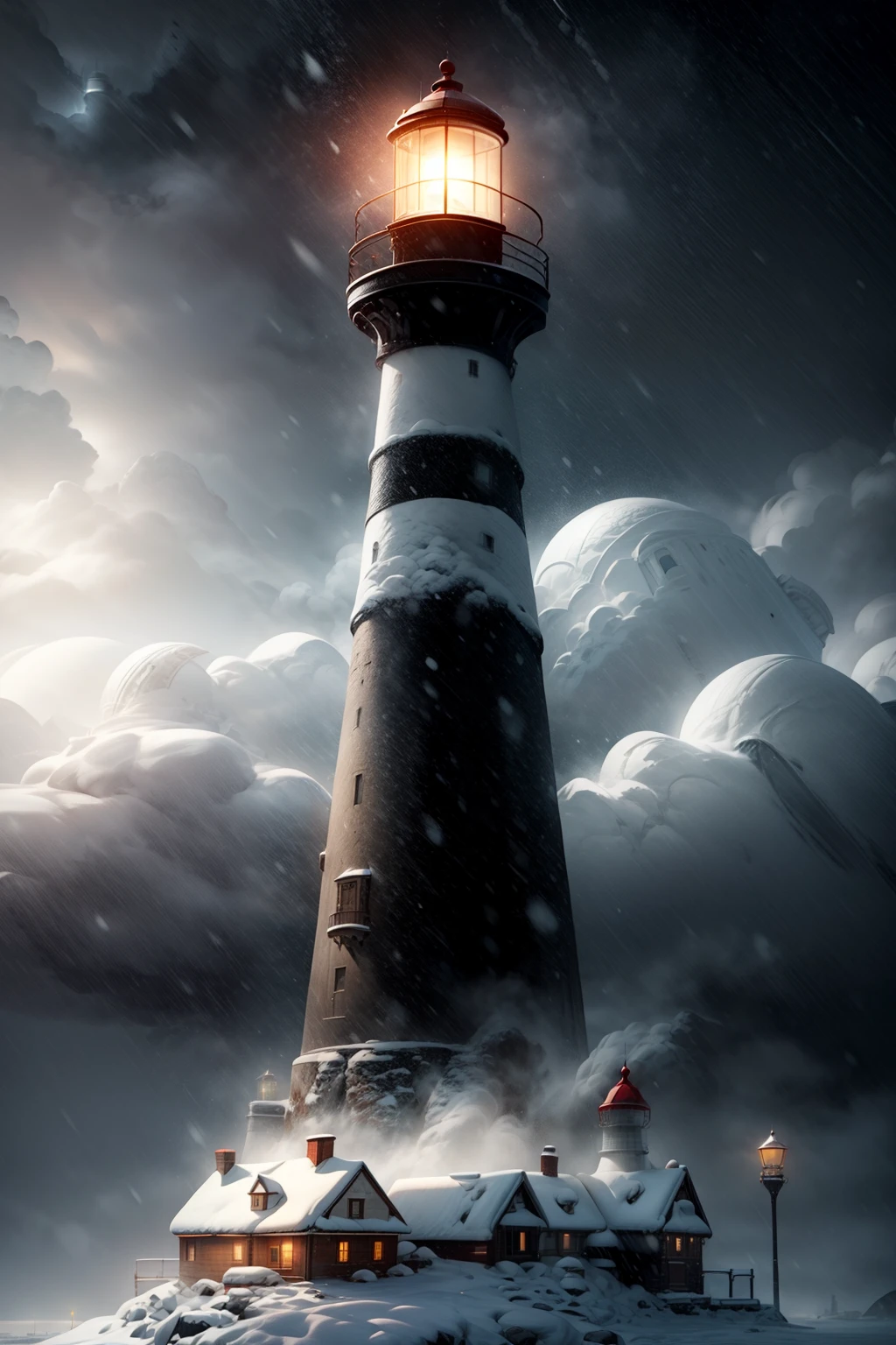 lighthouse in the snowy city, mainly cloudy, fog