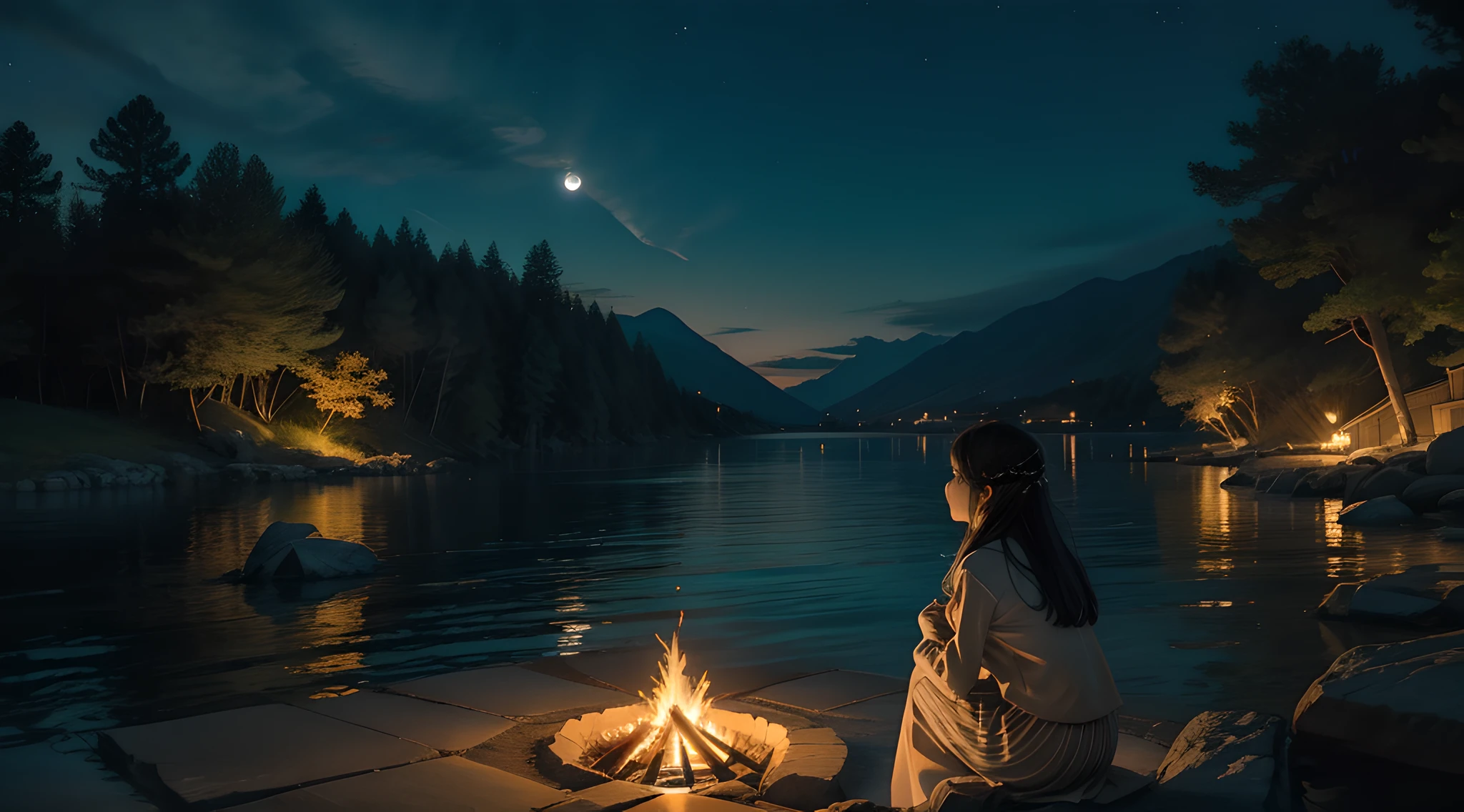 On a quiet moonlit night、The water in the lake is blown by a slight breeze and makes slight waves.、The surrounding vegetation is blown by the breeze.、Girl making a bonfire on the side、Girl is quietly looking at the bonfire、The light of the bonfire shines on the girl's face and her cheeks are stained red