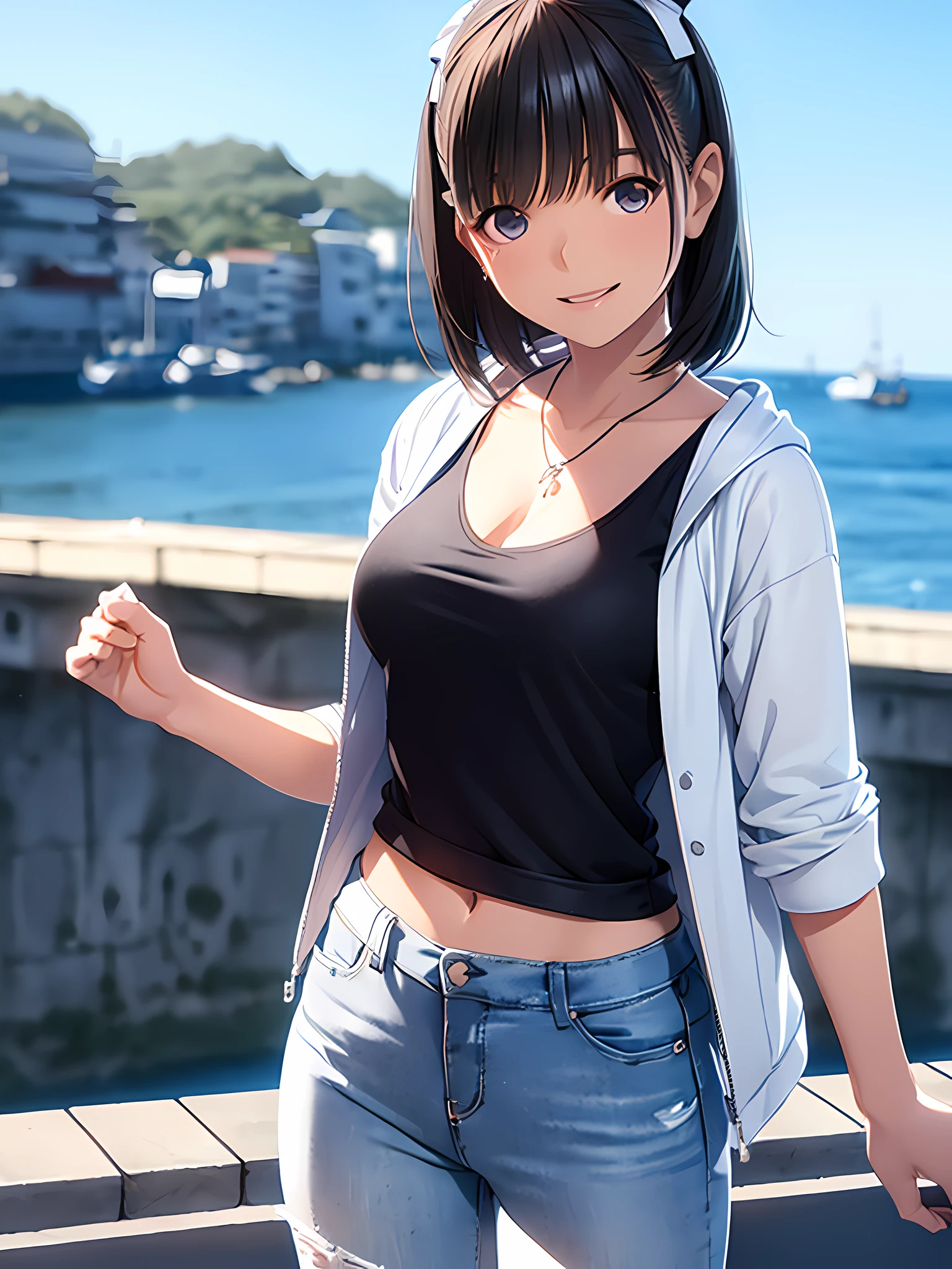hight resolution,in 8K,Best Quality,detaileds,semi - realistic anime,Anime 3D Style,Smooth Anime CG,1 girl in,20 year old woman in Japan,slim,modeled,shiny chestnut hair,Medium Hair,Detailed face,Beautiful and detailed eyes,Glowing skin,randome pose,(((Black tank top))),((White and light gray striped short sleeve hoodie)),((Open jacket)),(((blue skinny jeans)))a necklace,Smile with open mouth,Sea view,Fishermanstown,Background blur