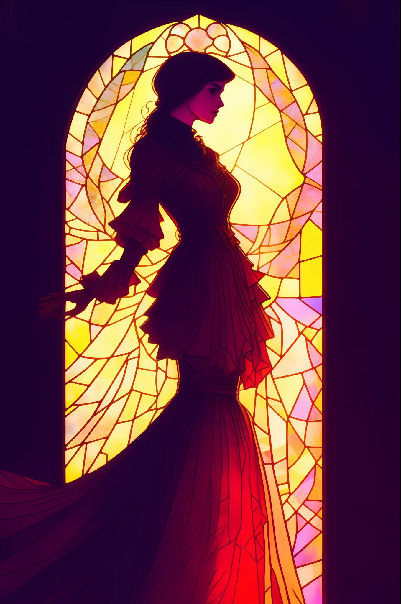 Close-up of a woman in a dress standing in front of a stained glass window, Glowing stained glass background, backlit stained glass, stained glass art, Stained glass, stained glass style, Stained glass tarot card style, stain glass, alphonse mucha and alena aenami, Mucha Tiffany Killian Ying, Stained glass!!, beeple and alphonse mucha