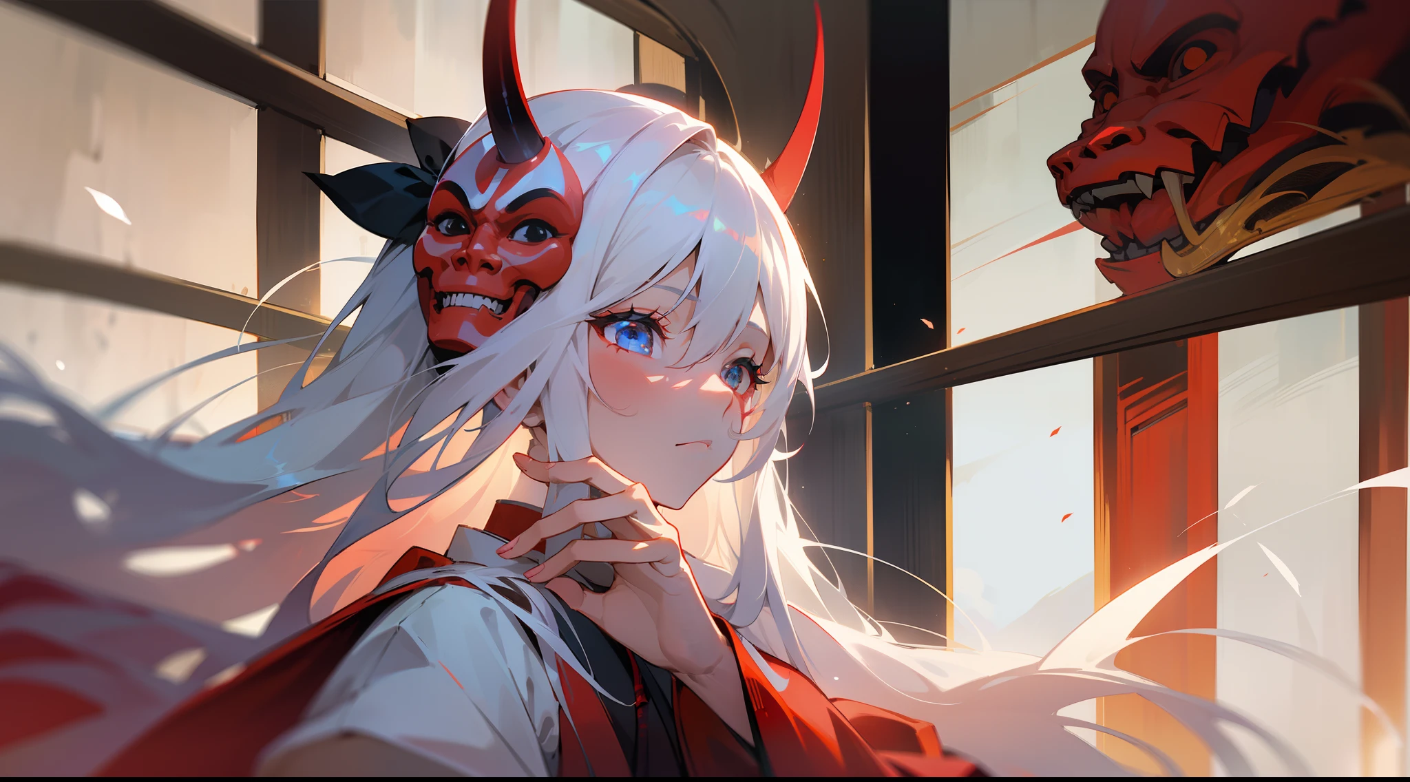 a beauty girl，shrines，White and red dress witch outfit，long  white hair，A Japanese oni mask hangs over his head，Holding a candle in his hand，In the daytime，Close-up of the sun，Light intensification，Nice lighting，Poster style，morningglow