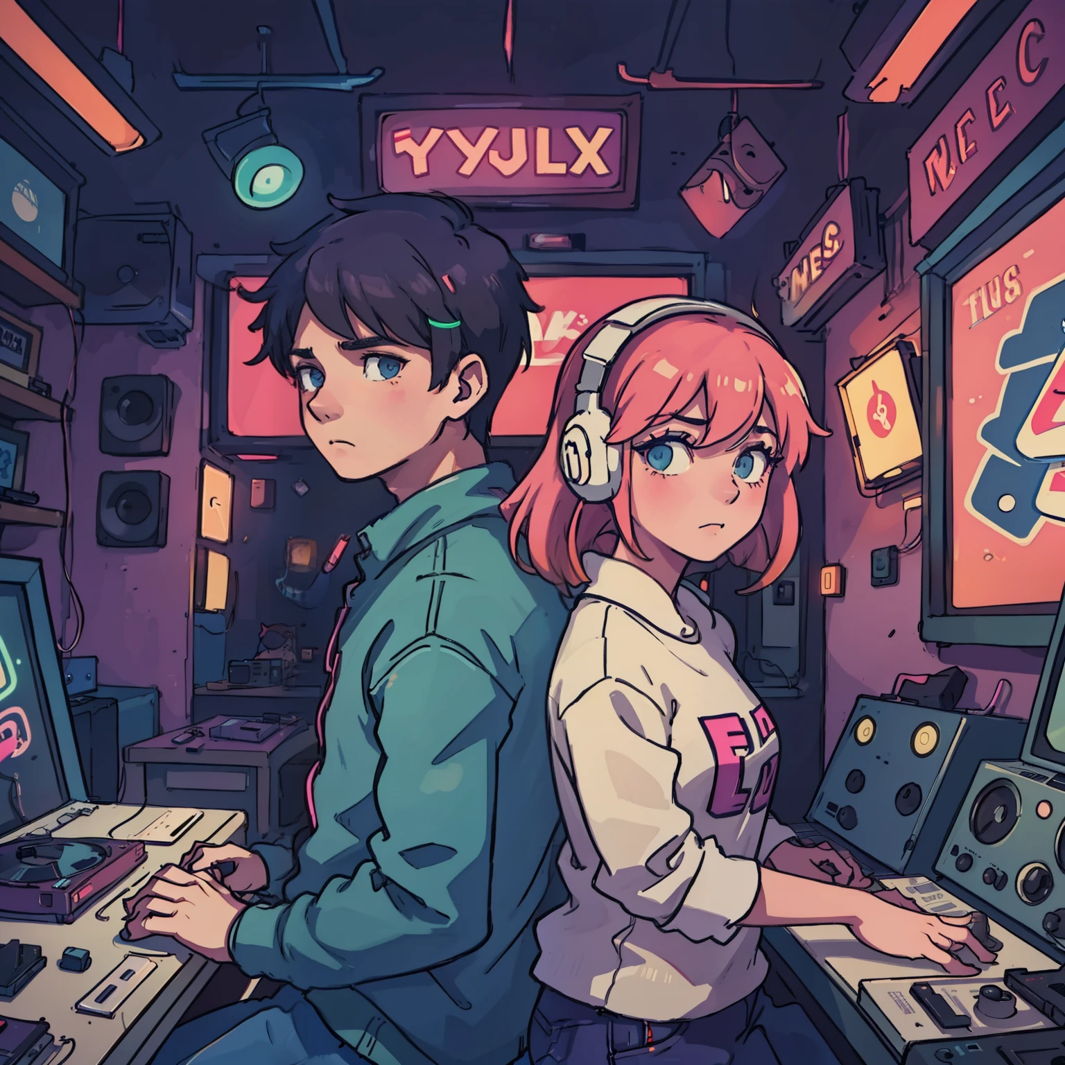 a boy and a girl are listening to music with headphones together in an old vinyl store, a room with a lot of singer poster, 80s style, with neon lights. The atmosphere is sad when the girl wanna break up.