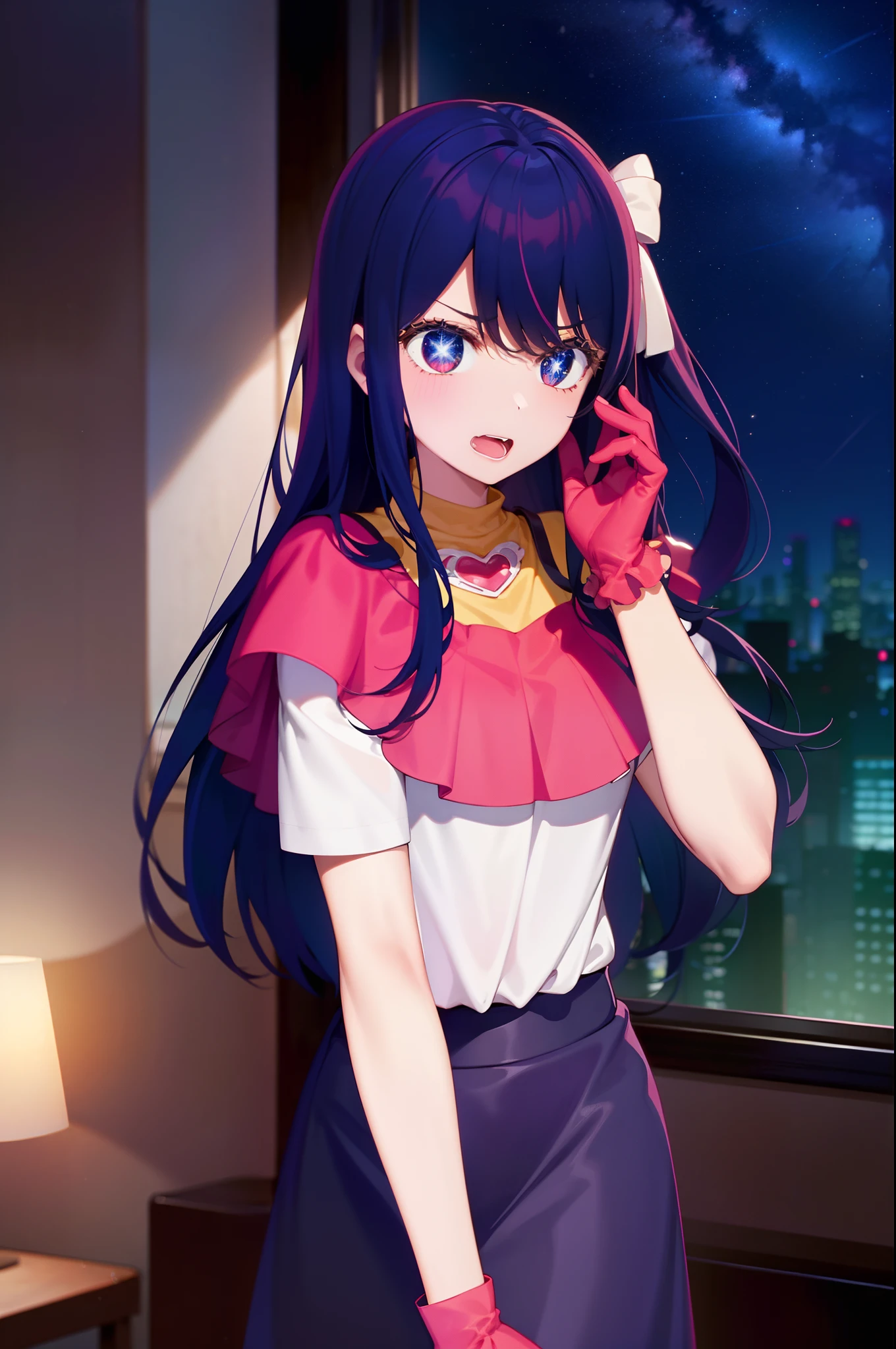 teens girl，Star Eyes，agitated，raised his hand，Wear gloves，Ai Hoshino，Original costume，Starry sky outside the window，inside in room，having fun