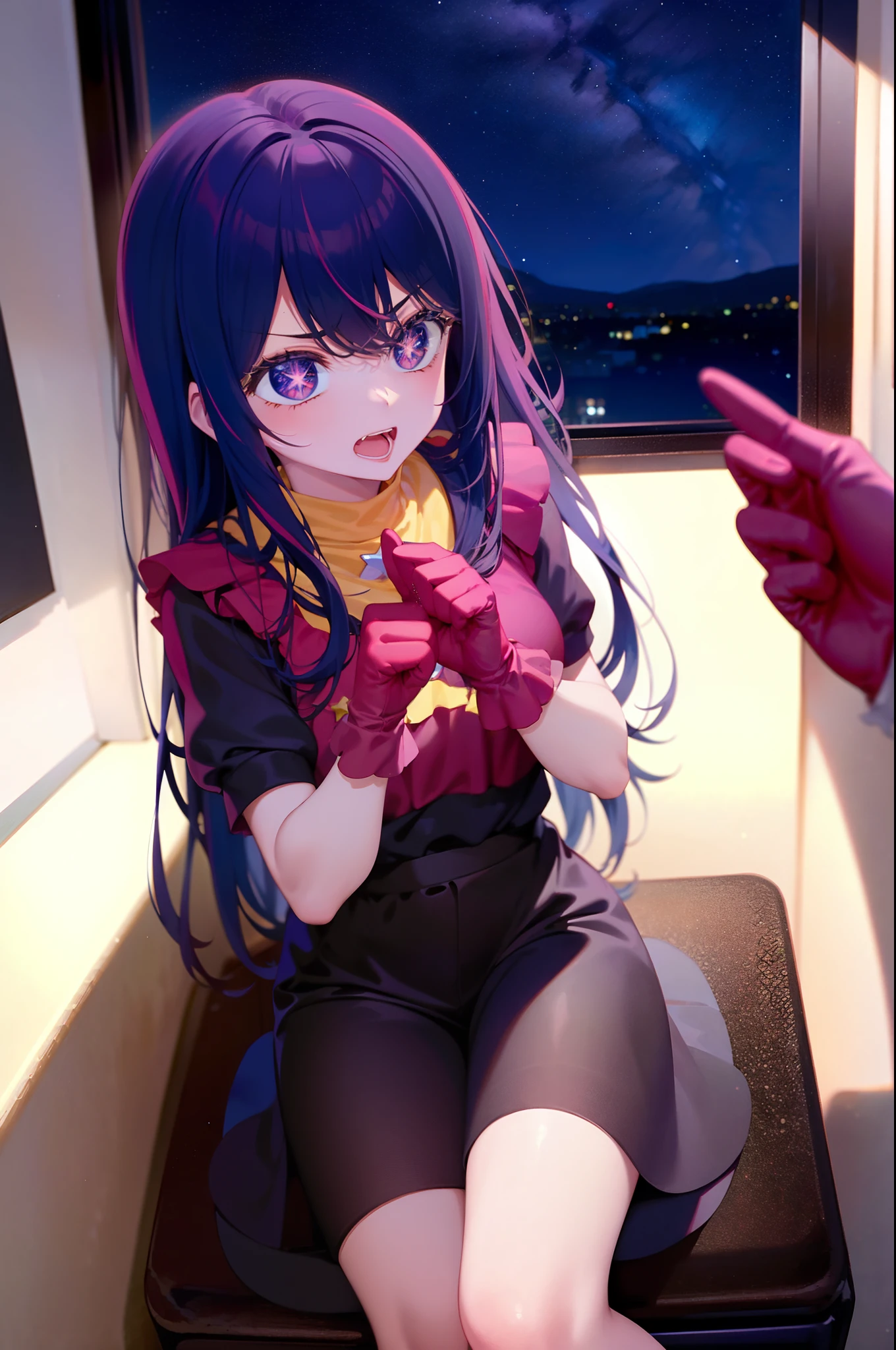 teens girl,Star Eyes,agitated,raised his hand,Wear gloves,Ai Hoshino,Original costume,Starry sky outside the window,inside in room,having fun