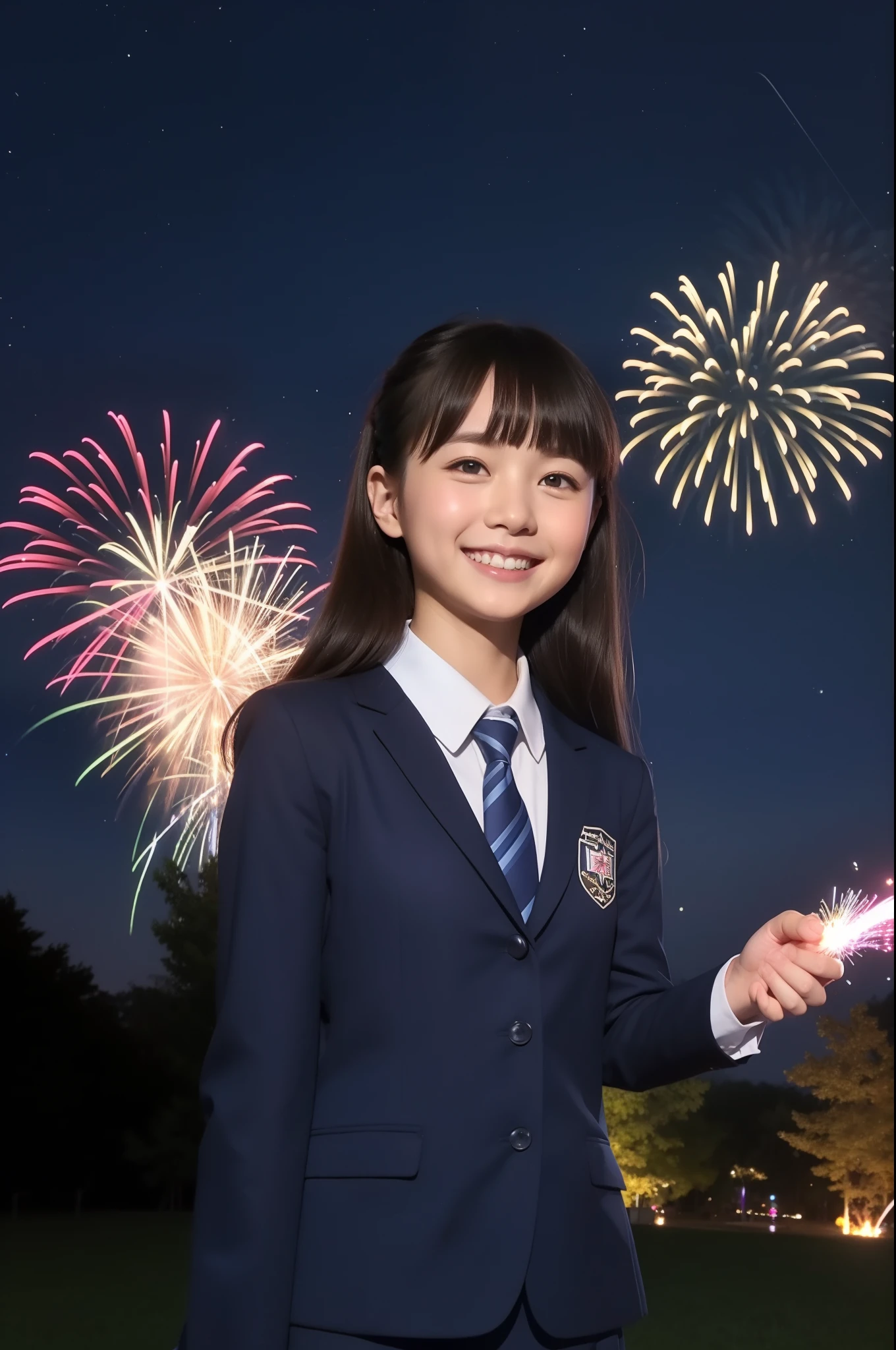 A smile、hi-school girl、校服、While doing fireworks、mare