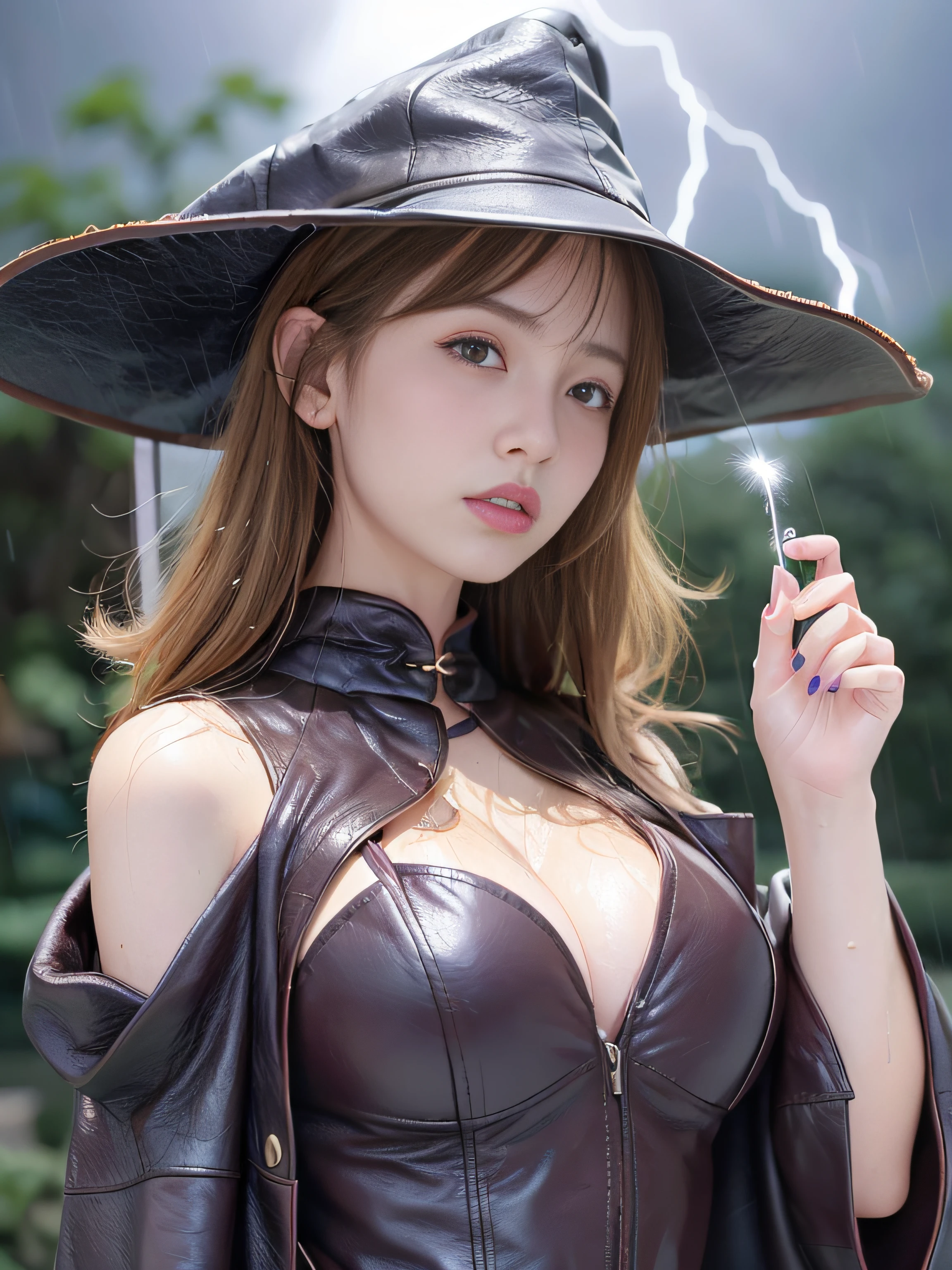 top-quality、masterpiece、超A high resolution、(Photorealsitic:1.4)、Raw photo、Detailed CG image quality、cyberpunked、Beautiful fece、1girl in、(leather wizard hat:1.4)、(Leather Wizard Robe:1.4)、cleavage of the breast、(Thin Mirror Silver Latex Suit)、(Purple eyes), (radiant eyes), (Violent arc emanating from the fingers:1.4). detailed portrait、8K picture quality、bright colour、concept-art、Cinematic and dramatic atmosphere、foco nítido、Volumetric lighting、Cinematographic lighting、Wearing studio quality、(neon lighting)、depth of fields、Ambient lighting、Blurred foreground、blurry backround:1.3、(rainy evening:1.4), (Severe lightning strike:1.4),