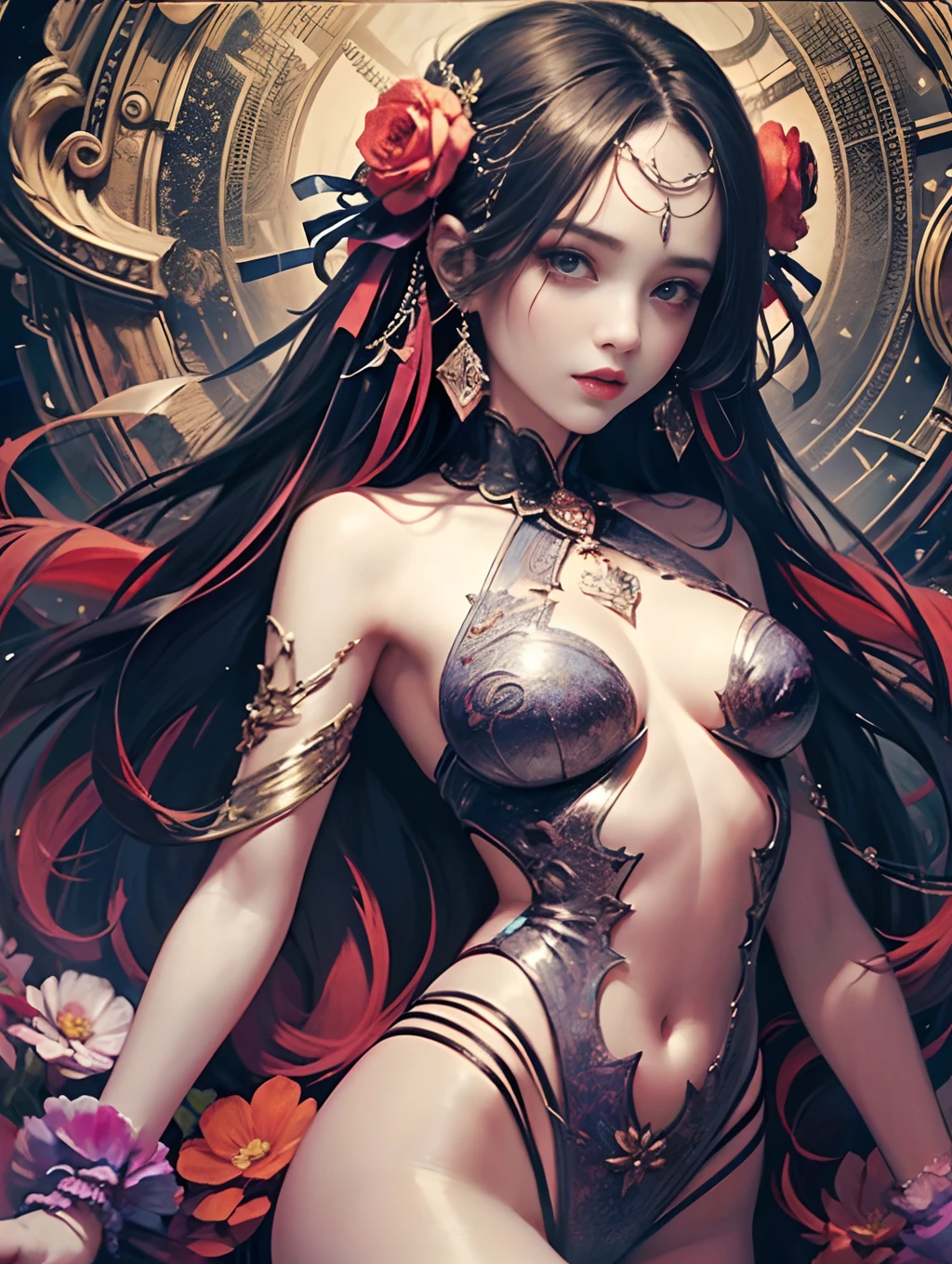 (masterpiece、top-quality、Official art、Beautifully Aesthetic:1.2)、(One girl:1.3)、A highly detailed、Fractal Art、Colorful flowers、Zentangle、Dynamic Poses、Abstract background、shinny skin、Expressed in a variety of colors、"