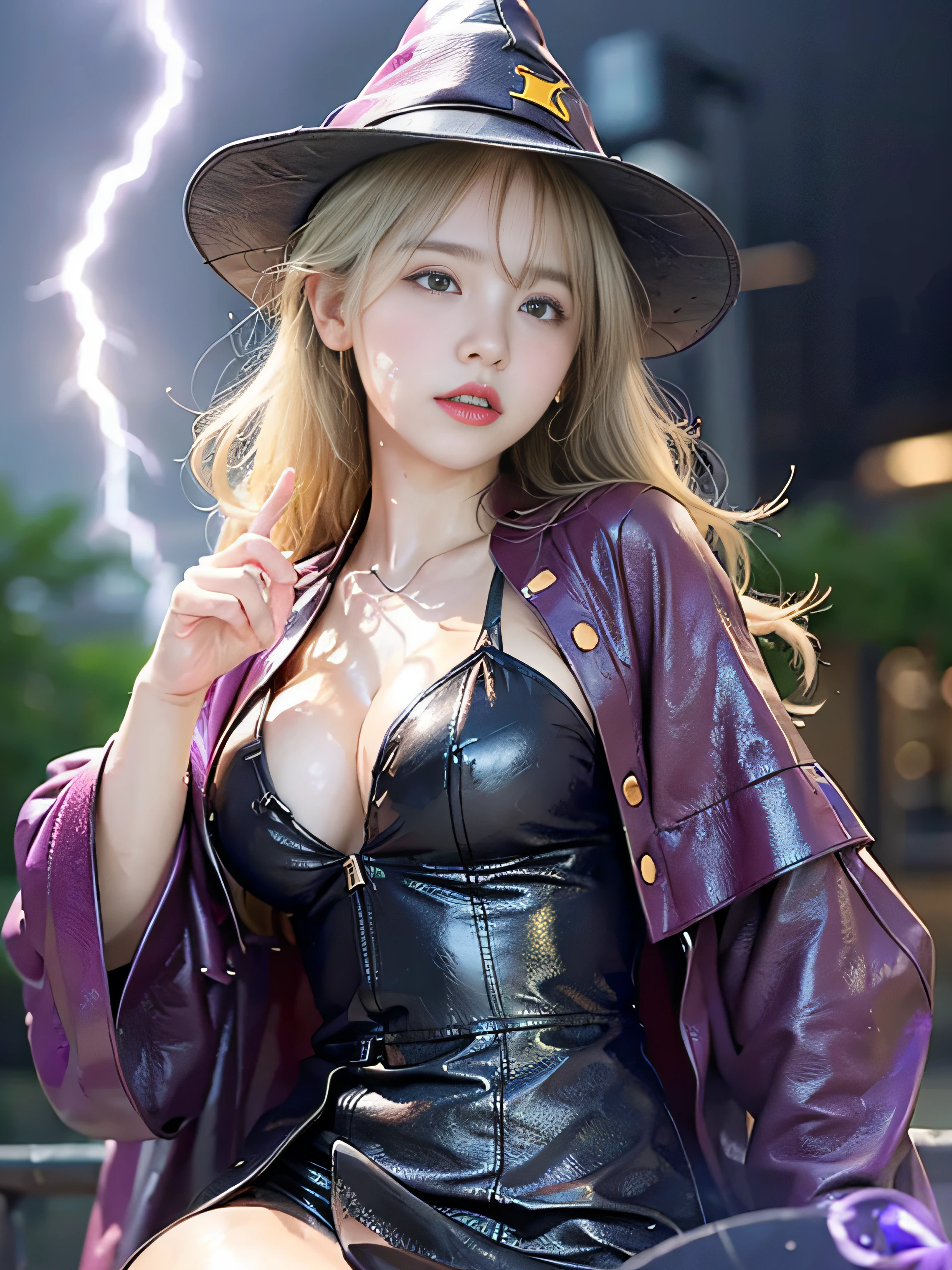 top-quality、masterpiece、超A high resolution、(Photorealsitic:1.4)、Raw photo、Detailed CG image quality、cyberpunked、Beautiful fece、1girl in、(leather wizard hat:1.4)、(Leather Wizard Robe:1.4)、cleavage of the breast、(Thin Mirror Silver Latex Suit)、(Purple eyes), (radiant eyes), (Violent arc emanating from the fingers:1.4). detailed portrait、8K picture quality、bright colour、concept-art、Cinematic and dramatic atmosphere、foco nítido、Volumetric lighting、Cinematographic lighting、Wearing studio quality、(neon lighting)、depth of fields、Ambient lighting、Blurred foreground、blurry backround:1.3、(rainy evening:1.4), (Severe lightning strike:1.4),