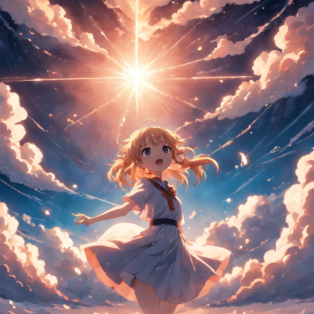 tmasterpiece,best qualtiy,cinematic Film still from,1girl,Cloud Girl,Floating in the sky,closeup cleavage,brightly,cheerfulness,Warm and soft lighting,the sunset,(spark of light:0.7),whaite hair