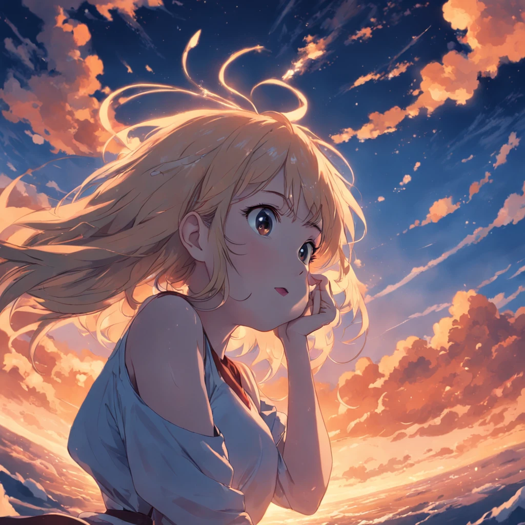 tmasterpiece,best qualtiy,cinematic Film still from,1girl,Cloud Girl,Floating in the sky,closeup cleavage,brightly,cheerfulness,Warm and soft lighting,the sunset,(spark of light:0.7),whaite hair