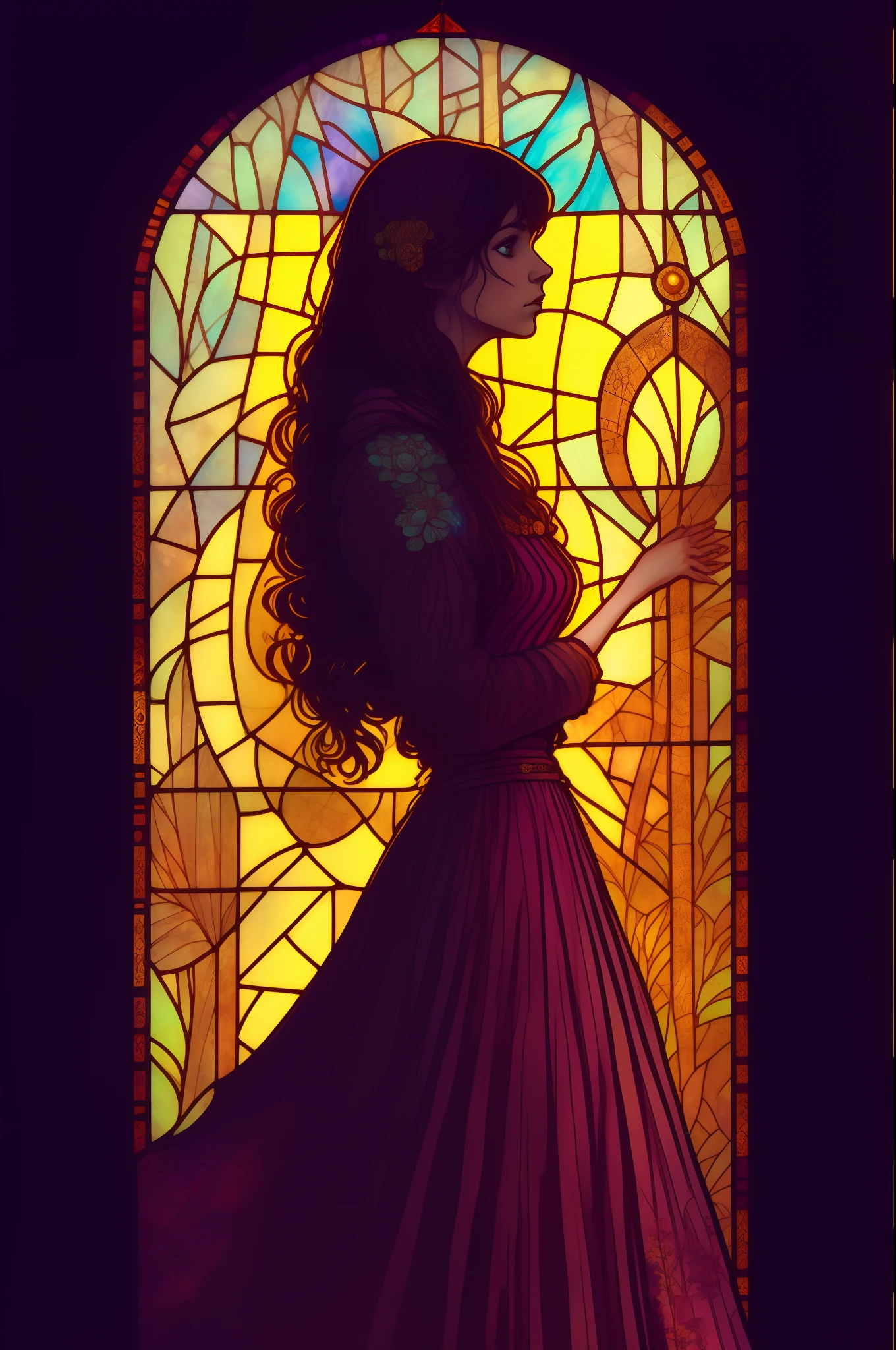 Close-up of a woman in a dress standing in front of a stained glass window, Glowing stained glass background, backlit stained glass, stained glass art, Stained glass, stained glass style, Stained glass tarot card style, stain glass, alphonse mucha and alena aenami, Mucha Tiffany Killian Ying, Stained glass!!, beeple and alphonse mucha
