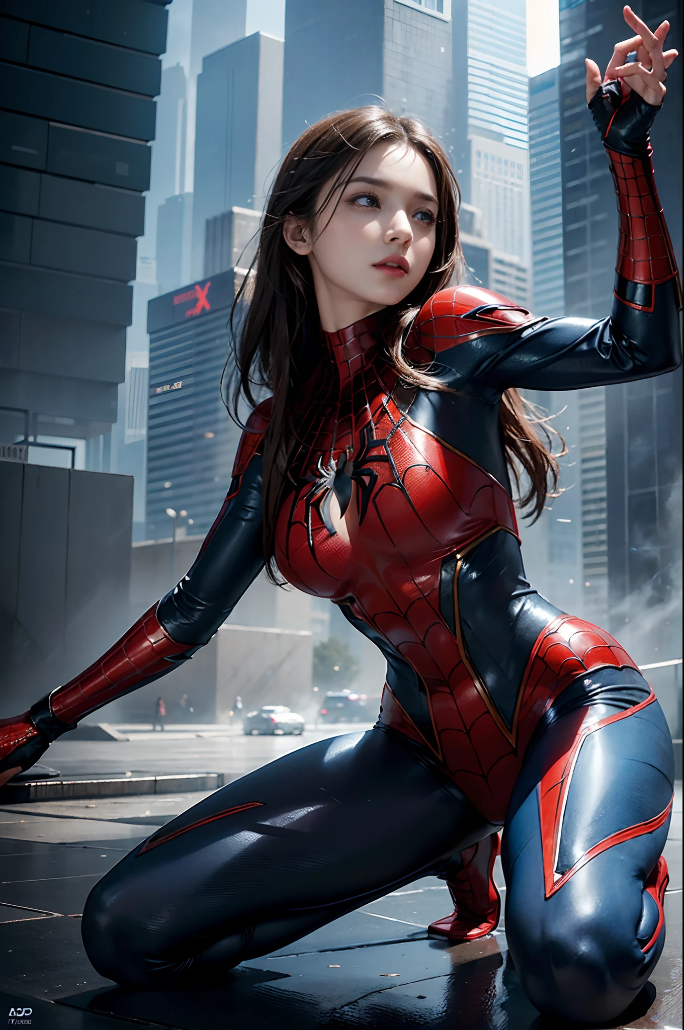 RAW, Masterpiece, Super Fine Photo,, Best Quality, Ultra High Resolution, Photorealistic, Sunlight, Full Body Portrait, Stunningly Beautiful, Dynamic Poses, Delicate Face, Vibrant Eyes, (Side View) , she is wearing a futuristic Iron Lady Spiderman costume, very detailed background, detailed face, detailed and complex busy background, messy, gorgeous, milky, high detailed skin, realistic skin details, visible pores, sharp focus, Volumetric fog, 8k uhd, dslr, high quality, film grain, fair skin, photorealism, lomography, sprawling metropolis in a futuristic dystopia, view from below, translucent