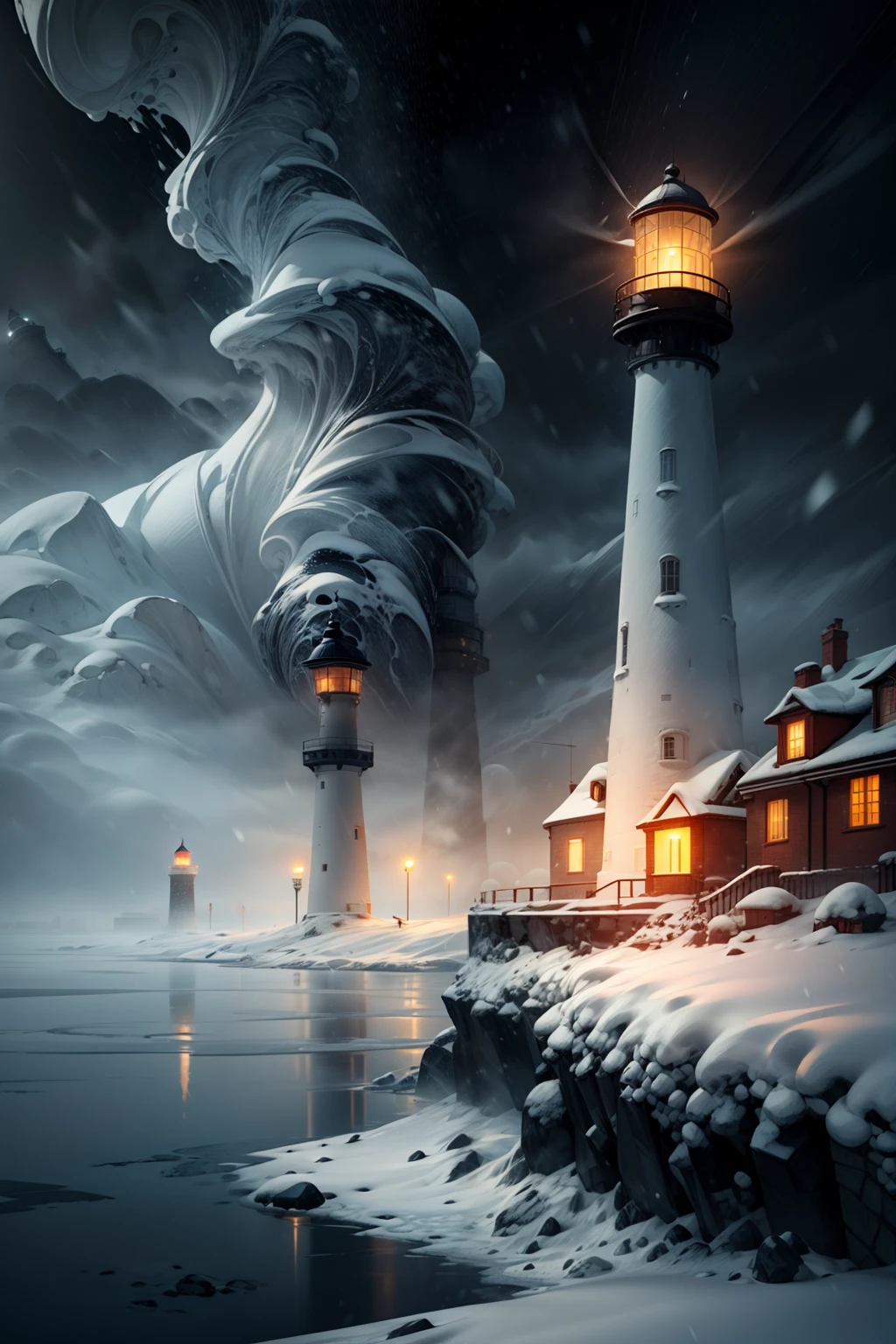 lighthouse in the snowy city, mainly cloudy, fog