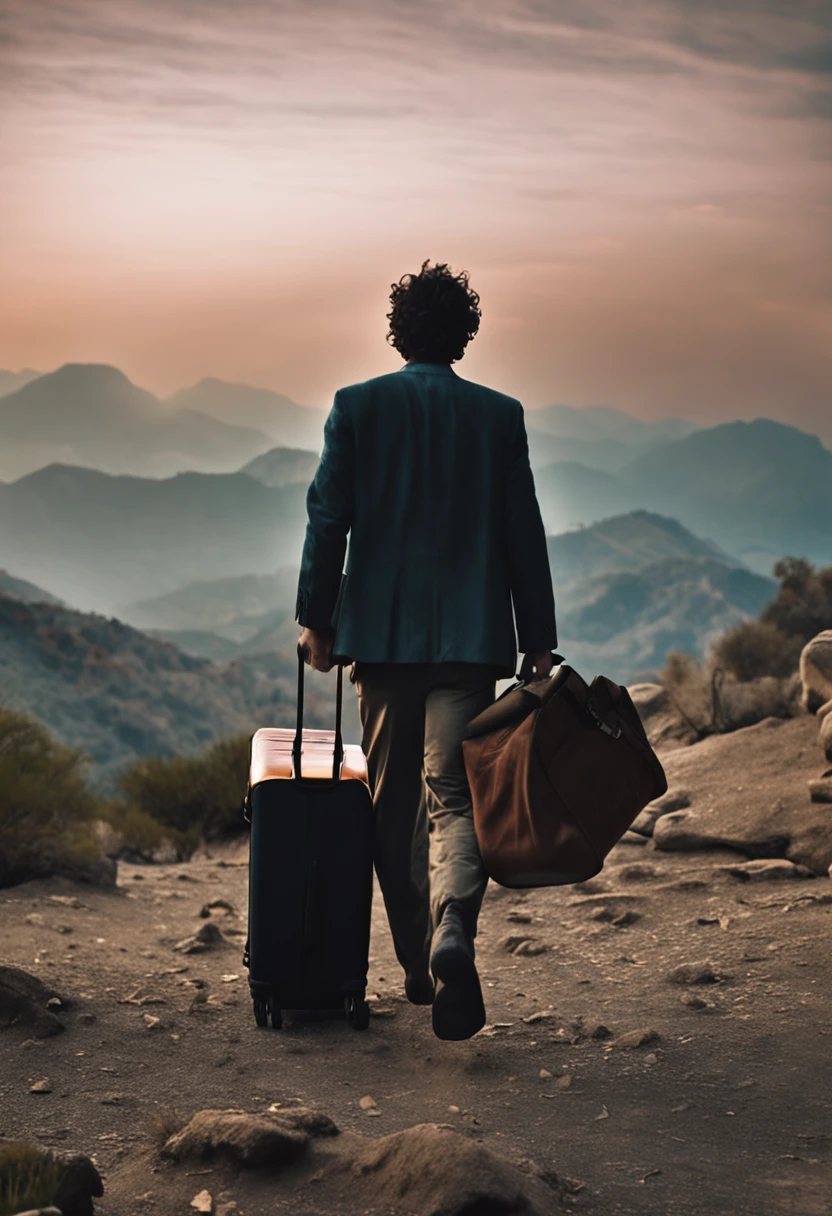 araffe walking with a suitcase and a bag in his hand, he is carrying a black briefcase, man walking, walking to work with a briefcase, ((masterpiece)), A boy stands on a high mountain peak watching the sunset, cinematic, photorealistic, silhouette, contrast, curly hair, windy, Floating Hair, color grading, real photography fujifilm superia, full HD, taken on a Canon EOS R5 F1.2 ISO100 50MM