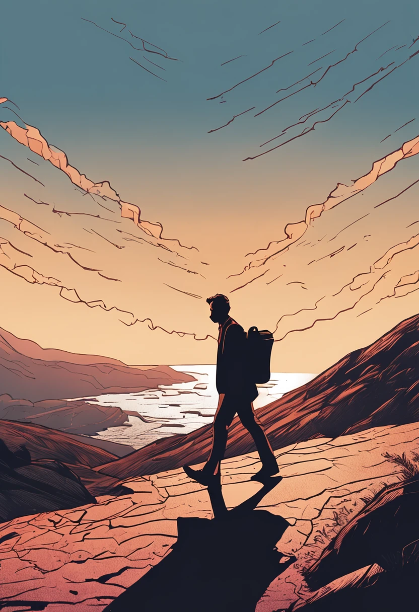 araffe walking with a suitcase and a bag in his hand, he is carrying a black briefcase, man walking, walking to work with a briefcase, ((masterpiece)), A boy stands on a high mountain peak watching the sunset, cinematic, photorealistic, silhouette, contrast, curly hair, windy, Floating Hair, color grading, real photography fujifilm superia, full HD, taken on a Canon EOS R5 F1.2 ISO100 50MM