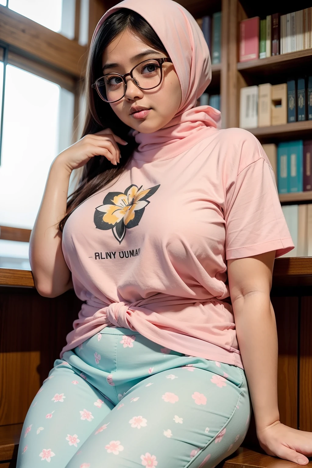 Create one chubby malay girl with hijab and wearing pastel pink floral t-shirt and high waist pants seating in library reading a book, shy pose, glasses, shy face, cute chubby, small breast, side lighting, cozy atmosphere, professional photography, 8k, ultra detail, chubby, very small breast,