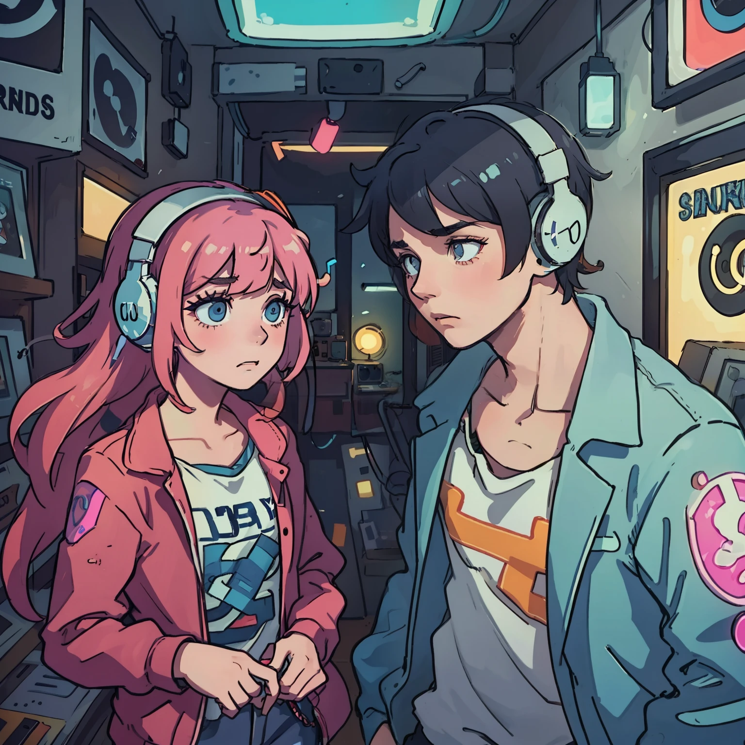 a boy and a girl are listening to music with headphones together in an old vinyl store, a room with a lot of singer poster, 80s style, with neon lights. The boy is sad when the girl wanna break up.