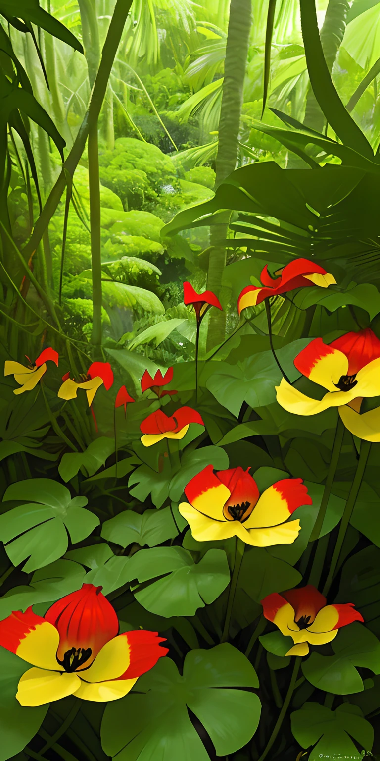 Heliconias rojas desde la vista inferior, variation of lush greens in the tropical forest