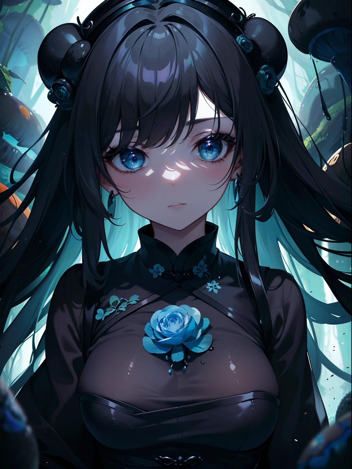 (Masterpiece, Best quality, ultra-high resolution), 1 girl, black cheongsam,Surrounded by mushroms, (mushrom girl), Beautiful and detailed face, detailed eyes,lovecraftian ambient,(gray ,blue,green,black theme)