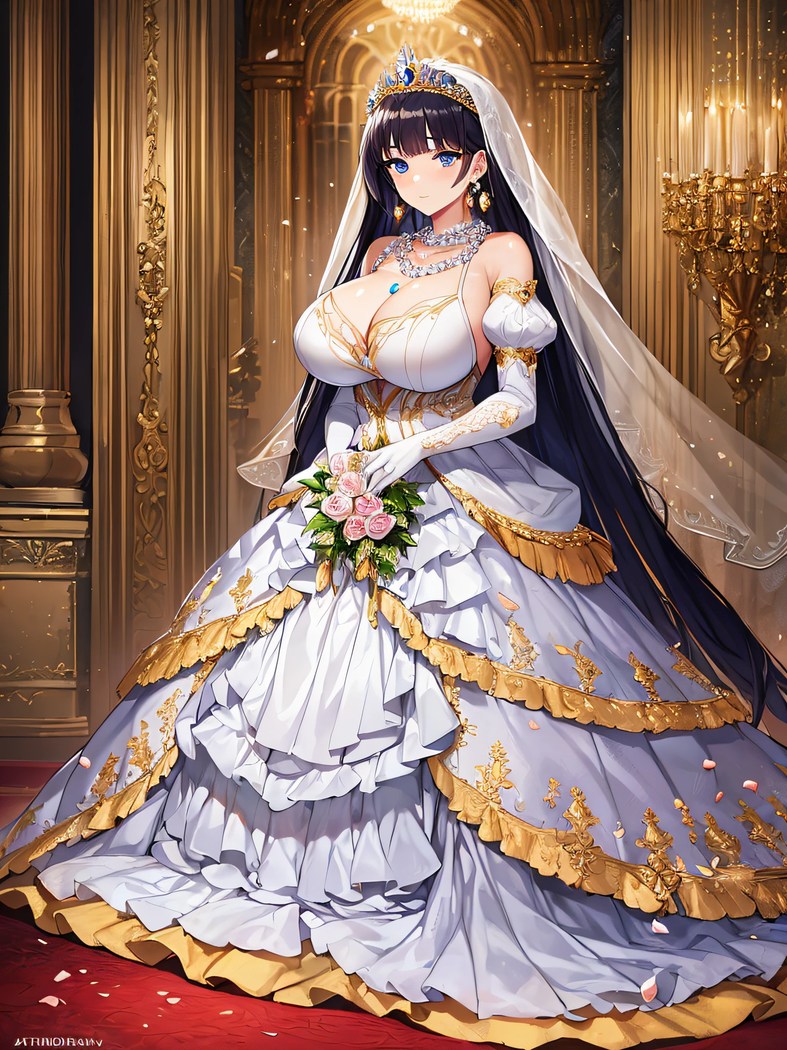 ((anime artstyle)),Best quality, Masterpiece,Solo,(full body),1 princess wearing a stately and elaborate royal wedding dress of white satin and tulle adorned with voluminous crinoline hoopskirt,(gigantic tits,Long tits,skindentation),(large amount of straight hair,extremely Long voluminous Hair),lace, frills,gorgeous embroidery and jewels, with enormous puffed sleeves, long train, long white gloves, pearl necklace and earrings,long wedding veil