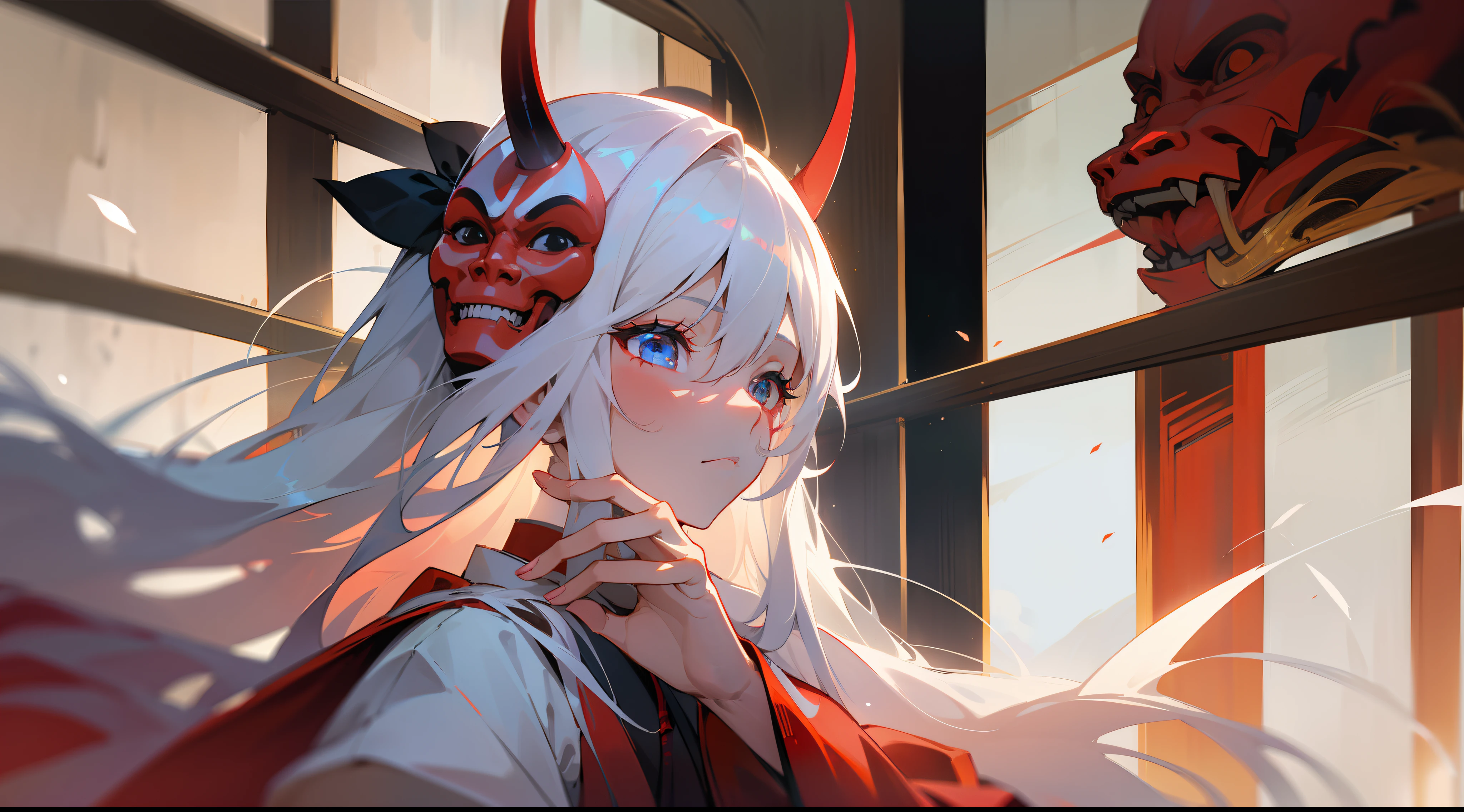 a beauty girl，shrines，White and red dress witch outfit，long  white hair，A Japanese oni mask hangs over his head，Holding a candle in his hand，In the daytime，Close-up of the sun，Light intensification，Nice lighting，Poster style，morningglow