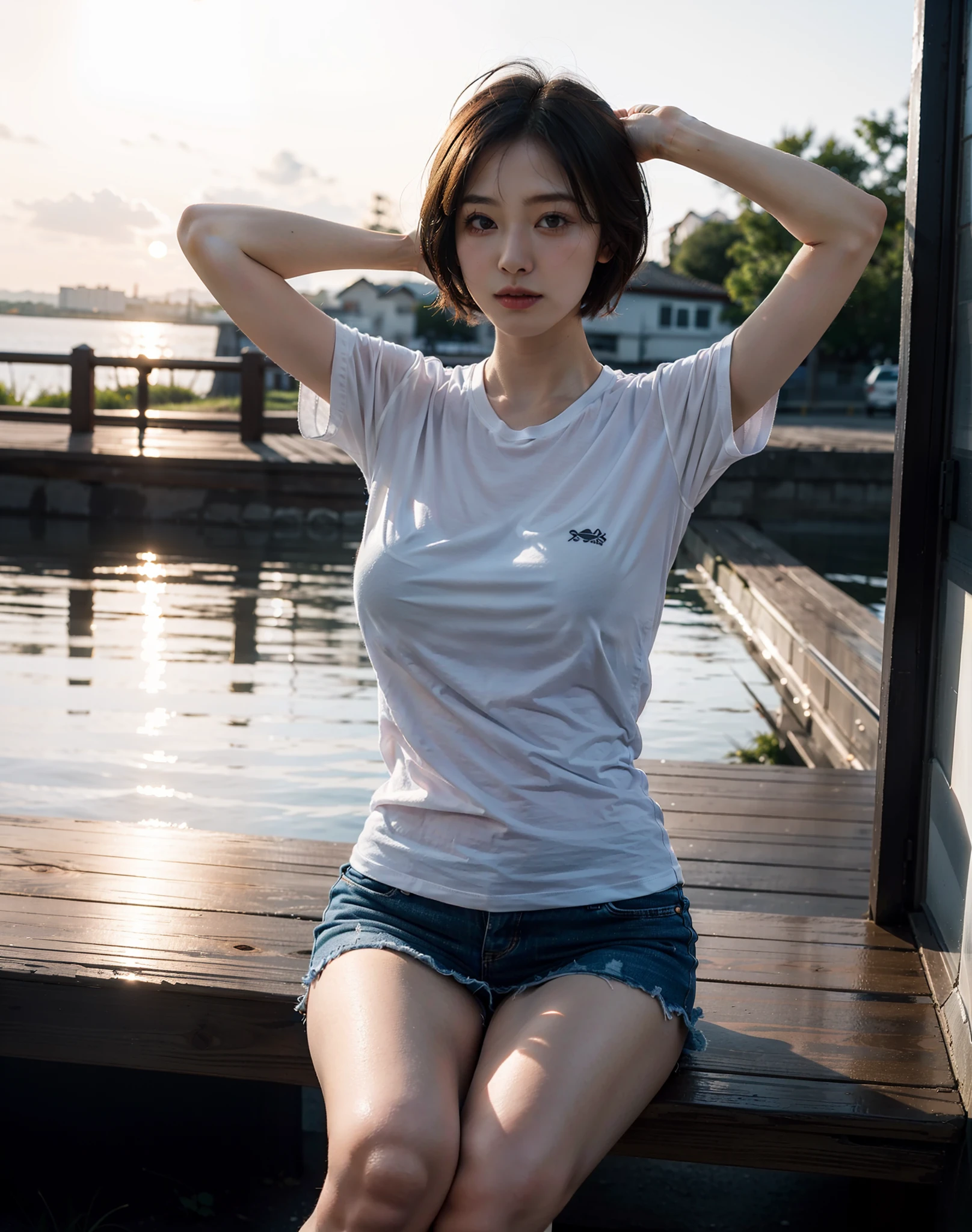 top-quality、8k、Sitting、with arms up、short-hair、tshirts、frombelow、Beautiful woman feeling the wind under the twilight sky
