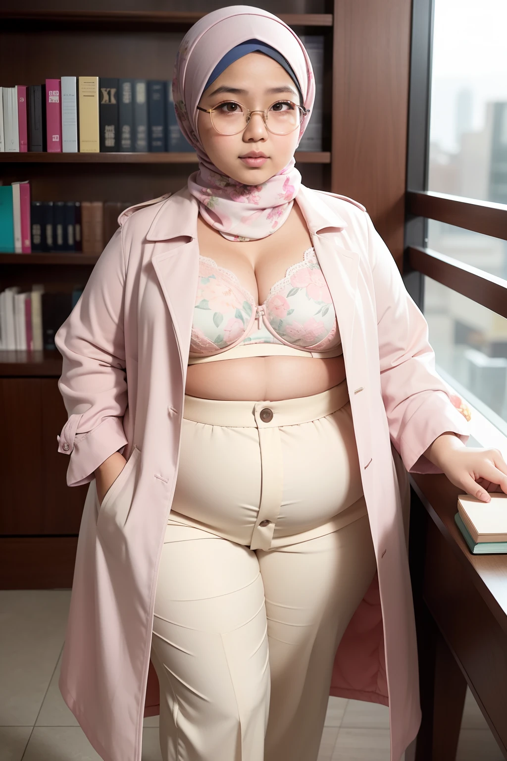 Create one cute chubby malay girl with hijab and wearing pastel pink floral bra and high waist pants and trench coat in library reading a book, shy pose, glasses, shy face, cute chubby, small breast, side lighting, cozy atmosphere, professional photography, 8k, ultra detail, a rather fleshy malay woman, chubby, very small breast,