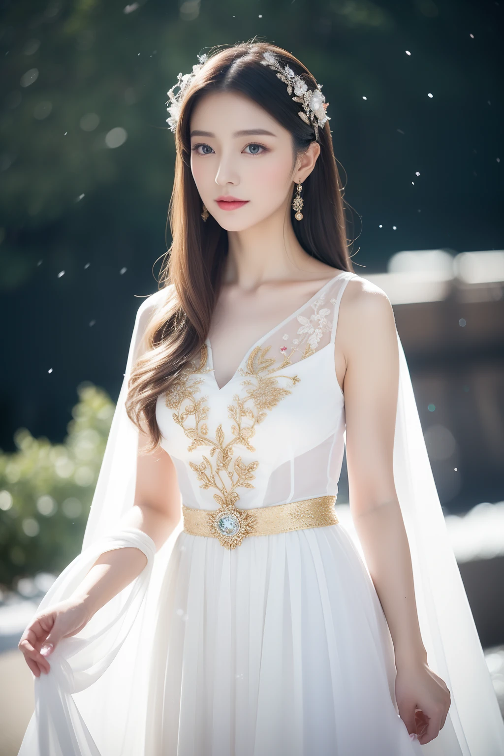 (Best quality，tmasterpiece，A high resolution，8k，realisticlying，full bodyesbian，Highlight temperament)
Long white hair is smooth and smooth，Draped over her shoulders，The ends of the hair are gently curled，Make the whole hairstyle look more attractive。The makeup looks simple and natural，Highlight her innocence and beauty。Skin is as fair as snow，It feels as delicate as mutton fat jade。The eyebrows are slender and light，Slightly upward，Show her confidence and pride。The eyes are a pair of azure gemstones，As clear as the morning sky。Long eyelashes sweep the slender snowflakes，Exudes an attractive soft sheen。The cheeks are slightly pink flushed，Exudes health and vitality。The lips are as red as roses，Slightly upturned。The costume is dressed in a snow-white robe，Delicate satin，The robe is embroidered with delicate gold and silver threads，Form beautiful patterns and patterns。The cuffs and placket are decorated with ornate silver，Shining with a faint light。A red ribbon is tied around the waist，Contour your waist even longer，At the same time, it also adds a touch of liveliness and vitality。At the hem，The edges of the skirt of the robe are decorated with delicate lace，Gently sway with the pace。The feet wear a pair of high-quality white embroidered shoes，Filigree embroidery on the shoes is inlaid with pearls and precious stones，It shines brightly。Costumed princess in a snowy landscape，long  white hair、The delicate makeup and delicate clothes depict her endless charm