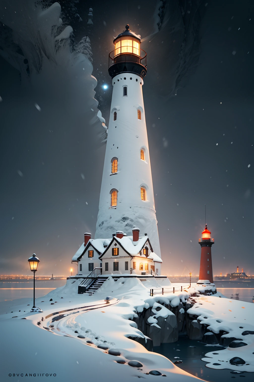 lighthouse in the snowy city