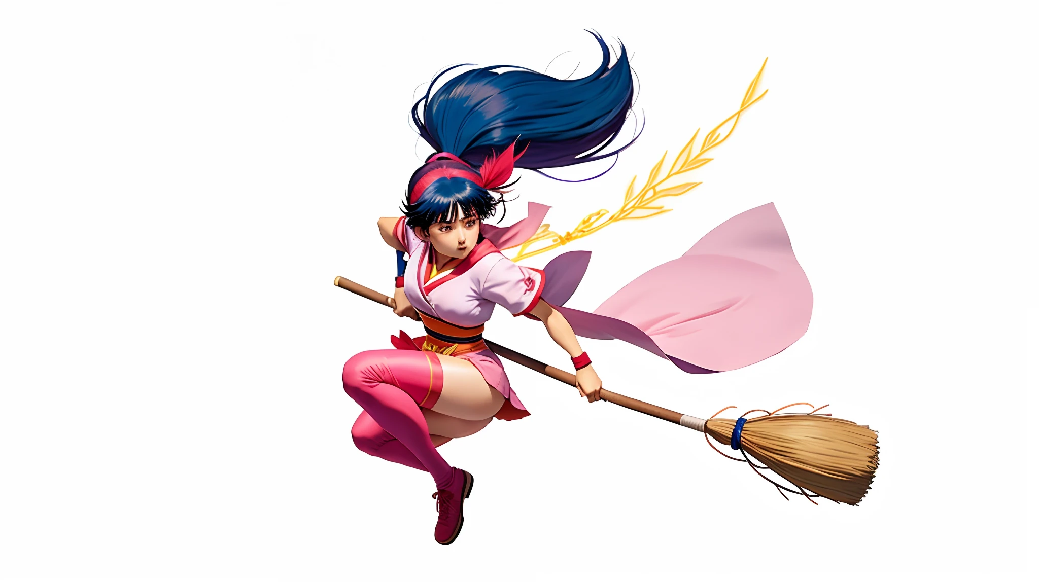 A woman in a pink outfit is flying on a broom, Koyoharu Gotouge, Rumiko, Inuyasha, inspired by Kanō Sansetsu, Misato Katsuragi, inspirado em Kusumi Morikage, ikki tousen |, inspired by Gyoshū Hayami, personagem de anime, inspirado por Rumiko Takahashi
