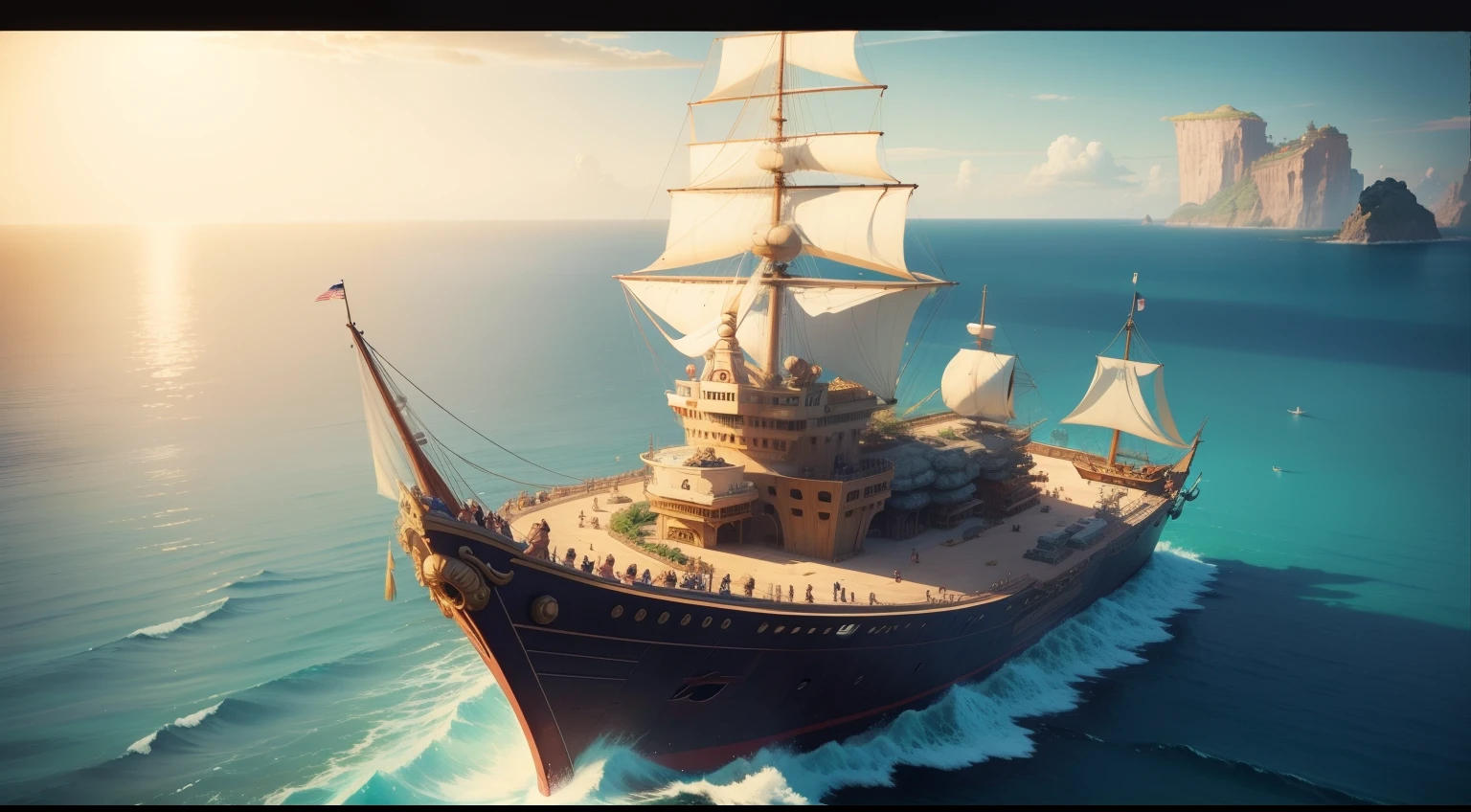 2D art one piece world ,inspired by Eiichiro Oda, ships background with various treasures, 4k, environment ,island