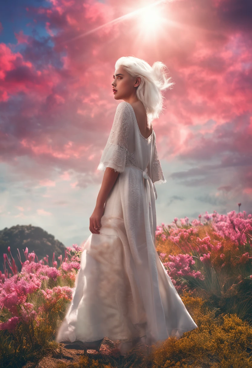 tmasterpiece，best qualtiy，cinematic Film still from，1girl，Deities，white color hair，Cloud Girl，Floating in the sky，closeup cleavage，brightly，cheerfulness，Warm and soft lighting，the sunset，（spark of light：0.7）