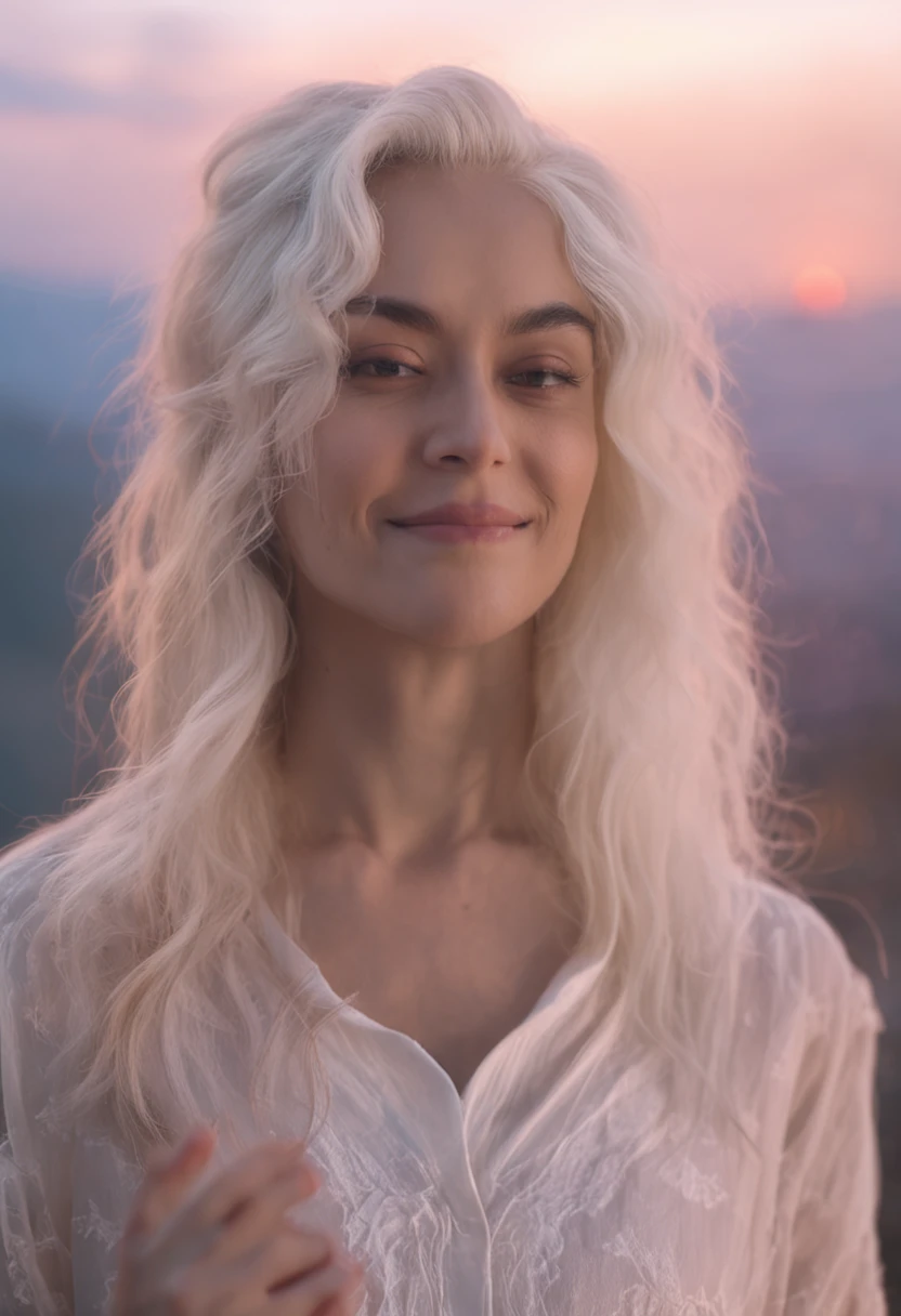 tmasterpiece，best qualtiy，cinematic Film still from，1girl，Deities，white color hair，Cloud Girl，Floating in the sky，closeup cleavage，brightly，cheerfulness，Warm and soft lighting，the sunset，（spark of light：0.7）